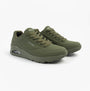 Skechers 52458/DKGR UNO - STAND ON AIR Mens Trainers Dark Green side view with lace-up closure and air-cooled memory foam.