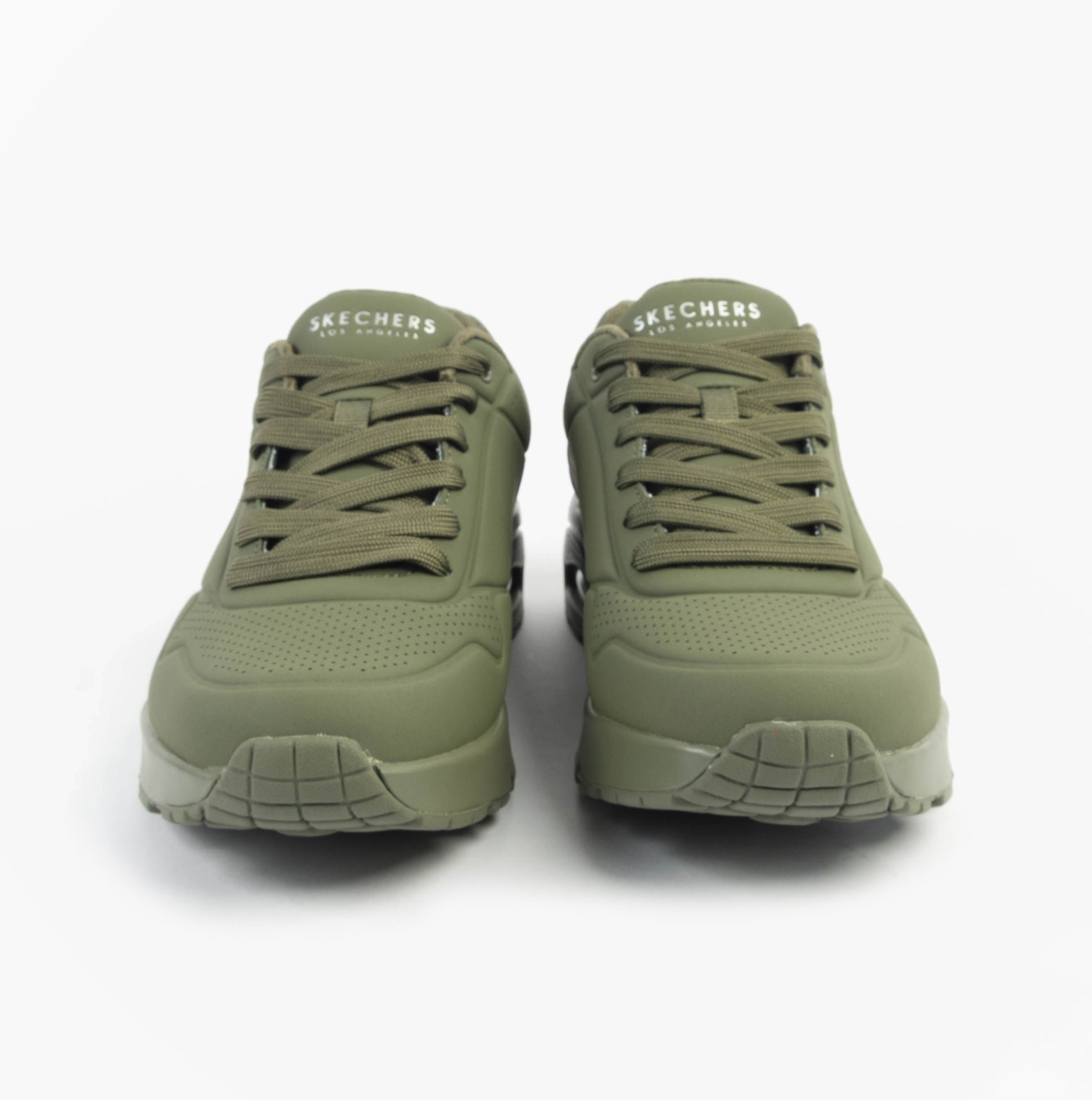 Skechers 52458/DKGR UNO - STAND ON AIR Mens Trainers Dark Green front view showing lace-up closure and comfort features.