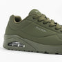 Skechers 52458/DKGR UNO - STAND ON AIR Mens Trainers Dark Green side view showcasing sleek synthetic upper and air-cooled comfort.