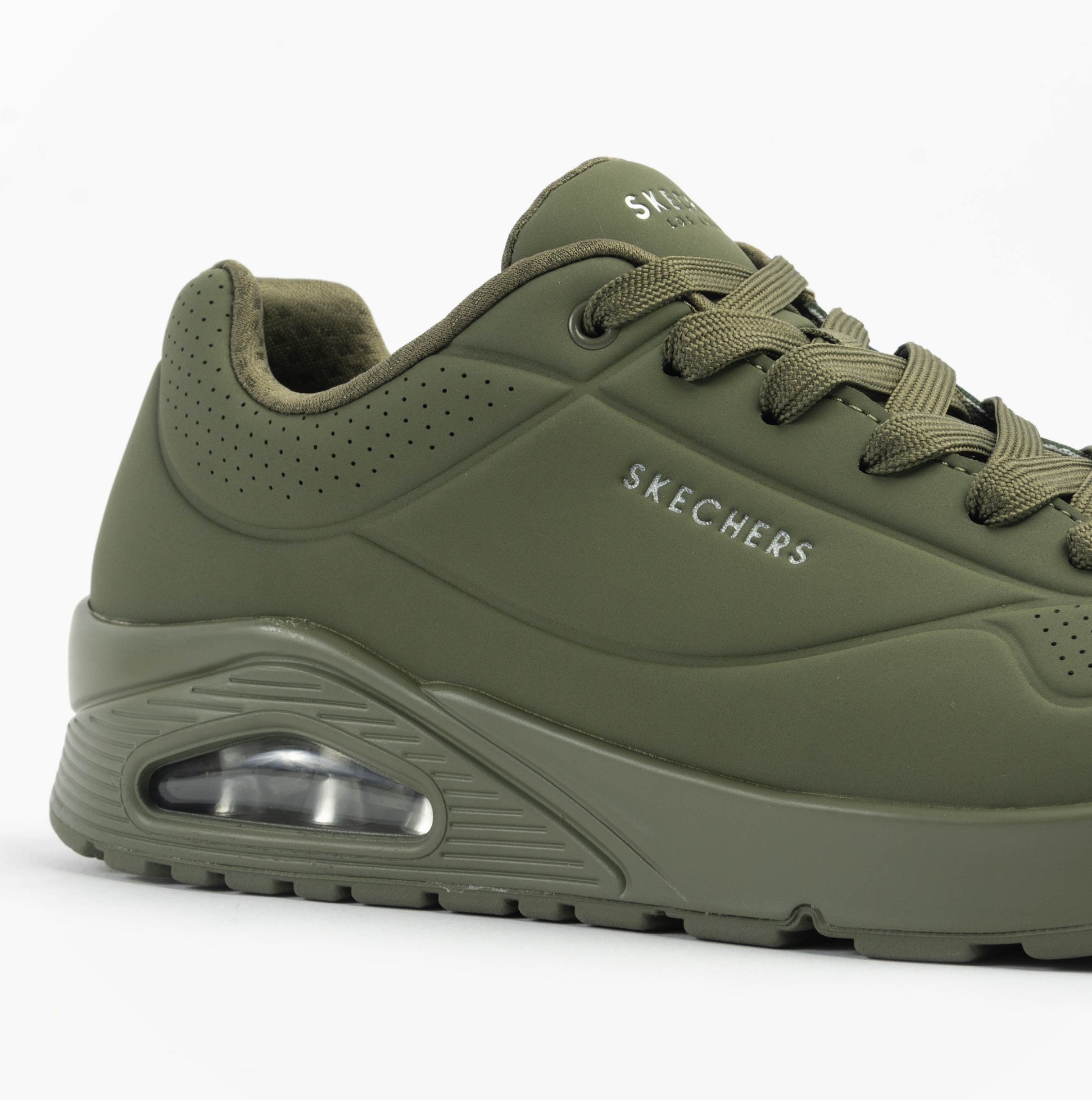 Skechers 52458/DKGR UNO - STAND ON AIR Mens Trainers Dark Green side view showcasing sleek synthetic upper and air-cooled comfort.