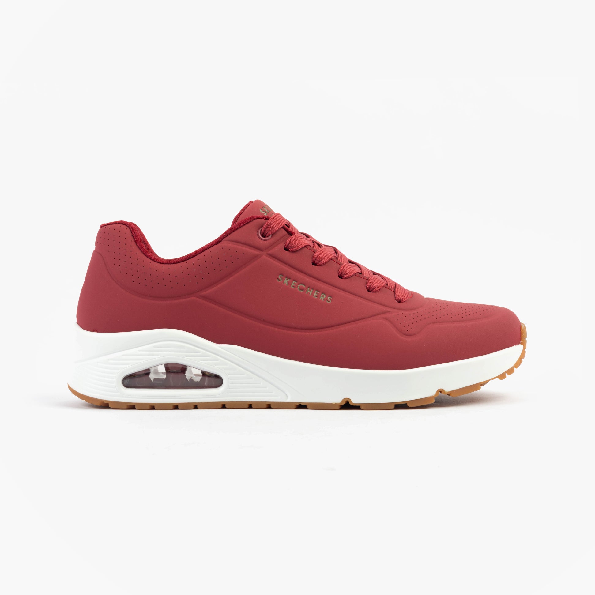 Skechers 52458/DKRD UNO - STAND ON AIR Mens Trainers Dark Red side view with synthetic leather upper and rubber sole.