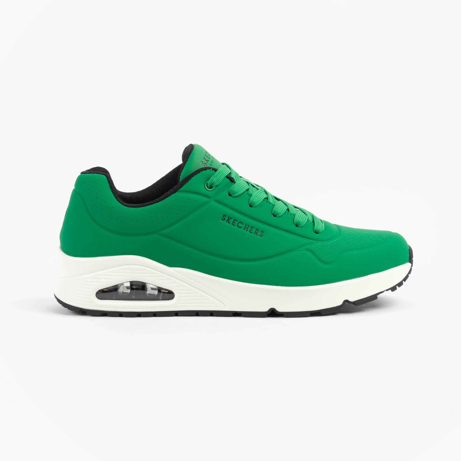 Skechers 52458/GRW UNO - STAND ON AIR Mens Trainers Green White side view featuring synthetic leather upper and lace-up closure.