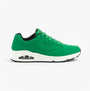 Skechers 52458/GRW UNO - STAND ON AIR Mens Trainers Green White side view featuring synthetic leather upper and lace-up closure.