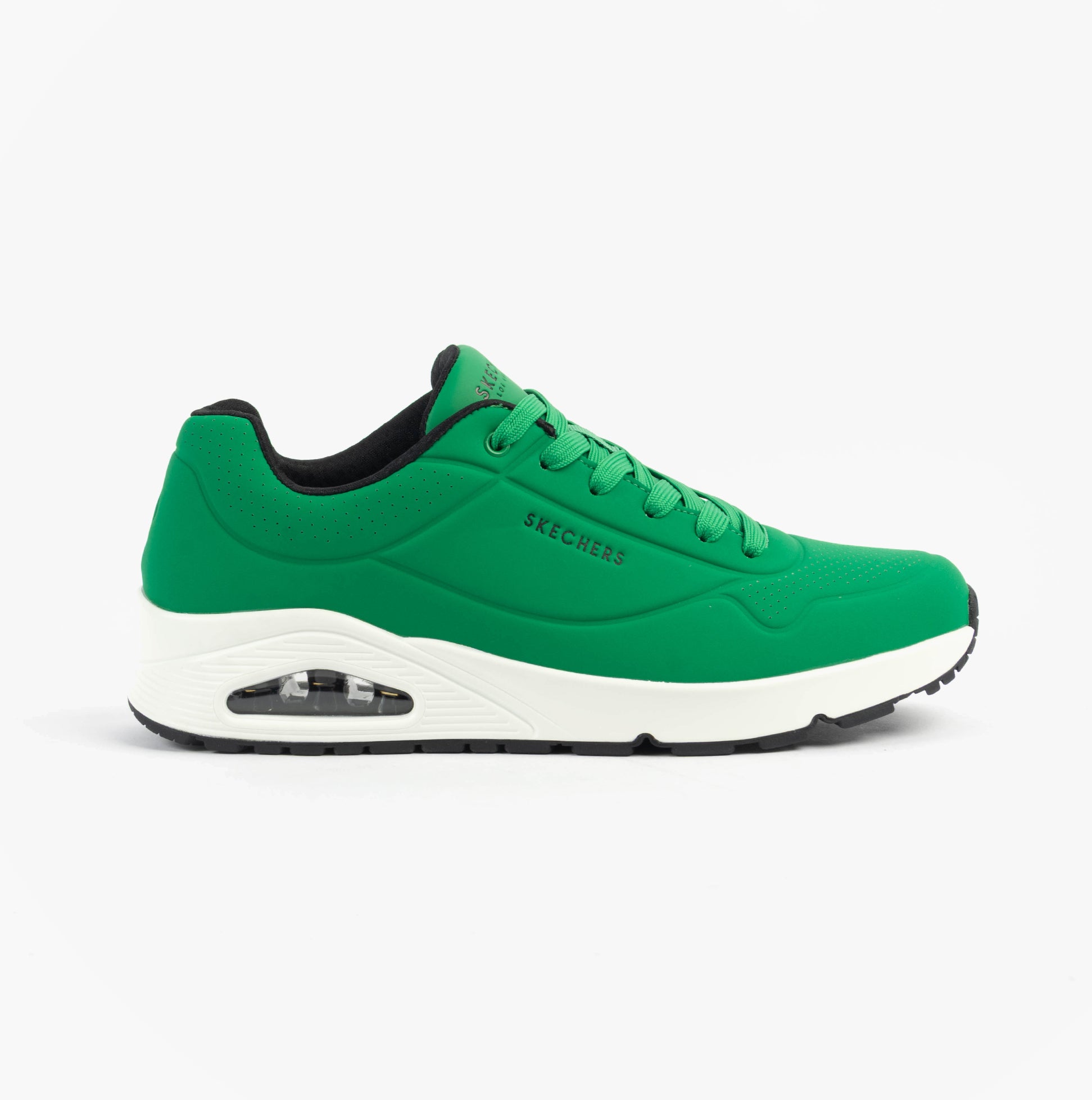 Skechers 52458/GRW UNO - STAND ON AIR Mens Trainers Green White side view featuring synthetic leather upper and lace-up closure.