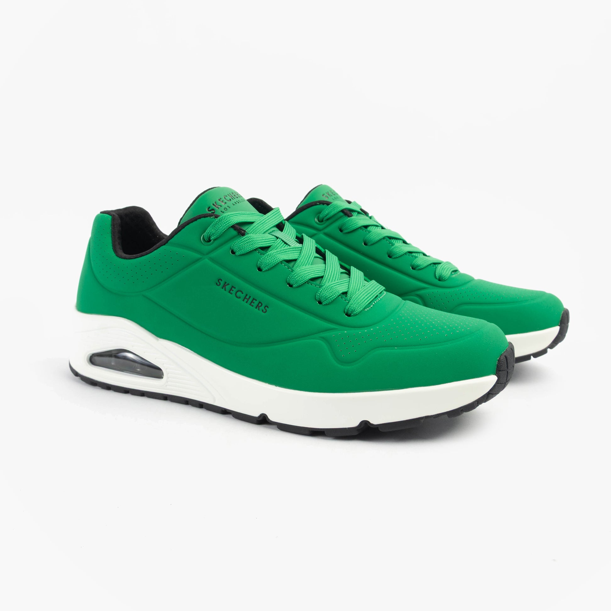 Skechers 52458/GRW UNO - STAND ON AIR Mens Trainers Green White side view showcasing the bright green synthetic upper.