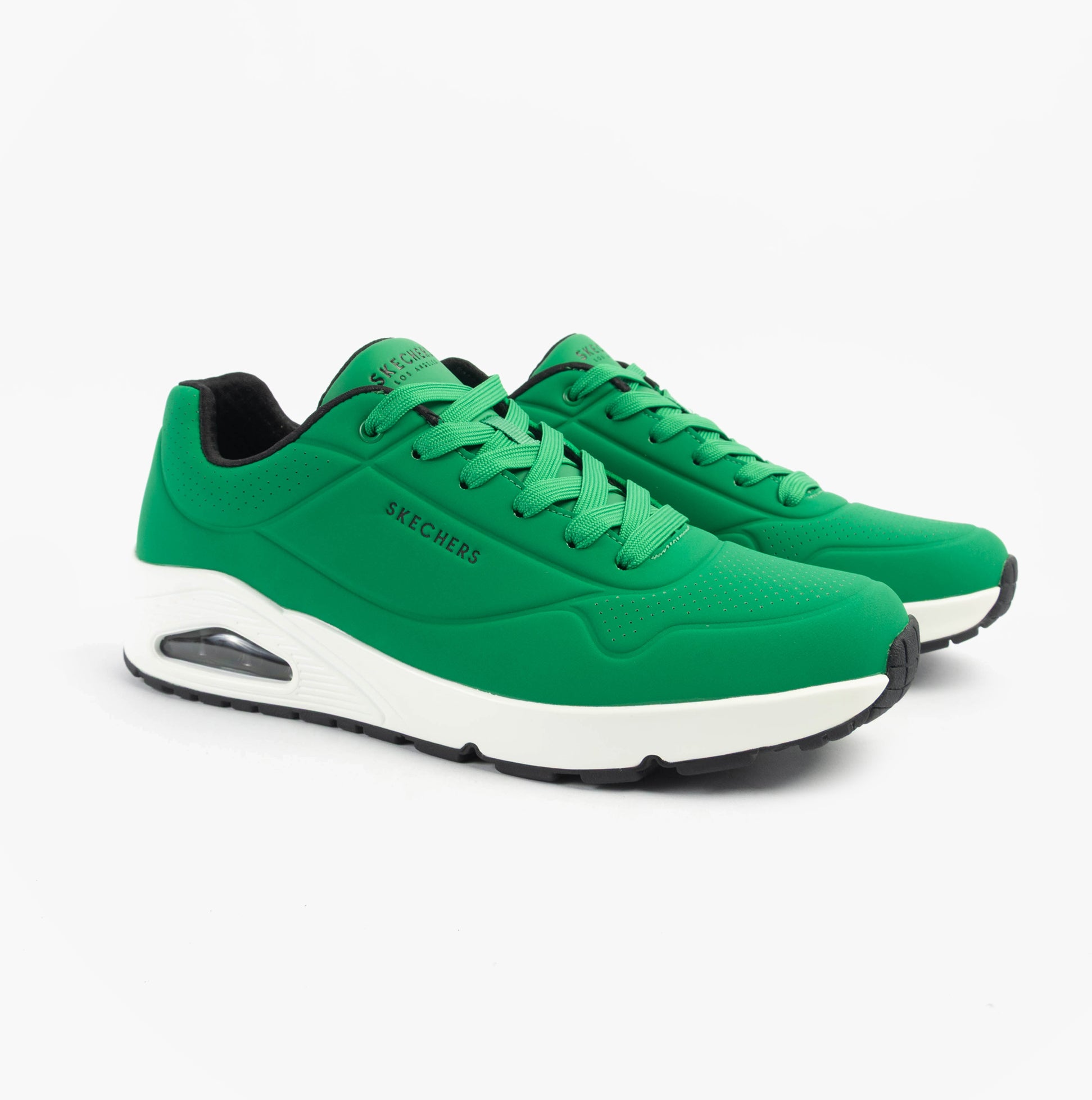 Skechers 52458/GRW UNO - STAND ON AIR Mens Trainers Green White side view showcasing the bright green synthetic upper.