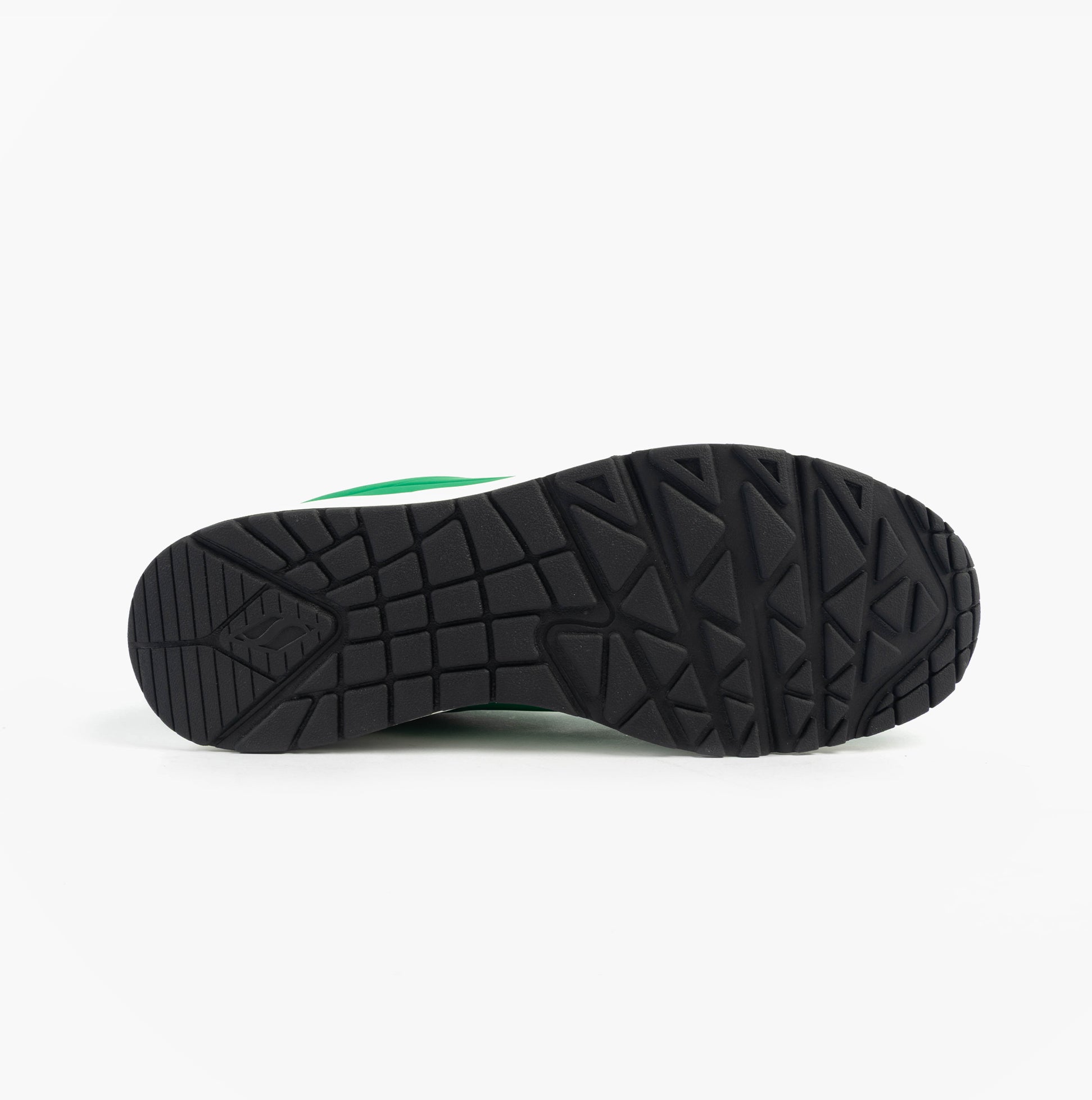 Skechers 52458/GRW UNO - STAND ON AIR Mens Trainers Green White sole view showing detailed tread pattern.