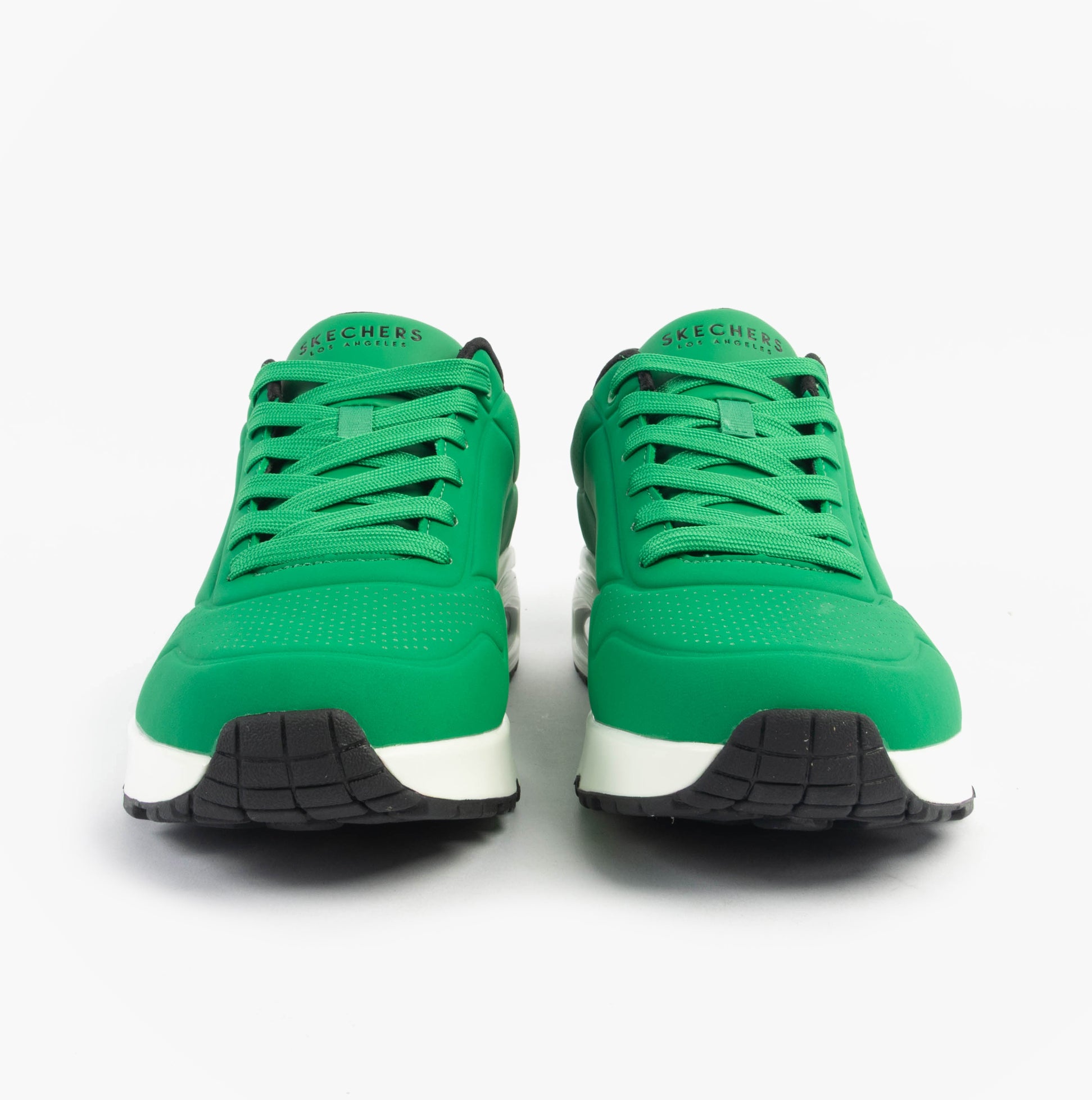 Skechers 52458/GRW UNO - STAND ON AIR Mens Trainers Green White front view showcasing green synthetic leather and lace-up design.
