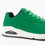 Skechers 52458/GRW UNO - STAND ON AIR Mens Trainers Green White side view showcasing vibrant green synthetic leather.