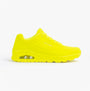 Skechers 52458/LIME UNO - STAND ON AIR Mens Trainers Lime side view showcasing bright lime synthetic leather and memory foam comfort.