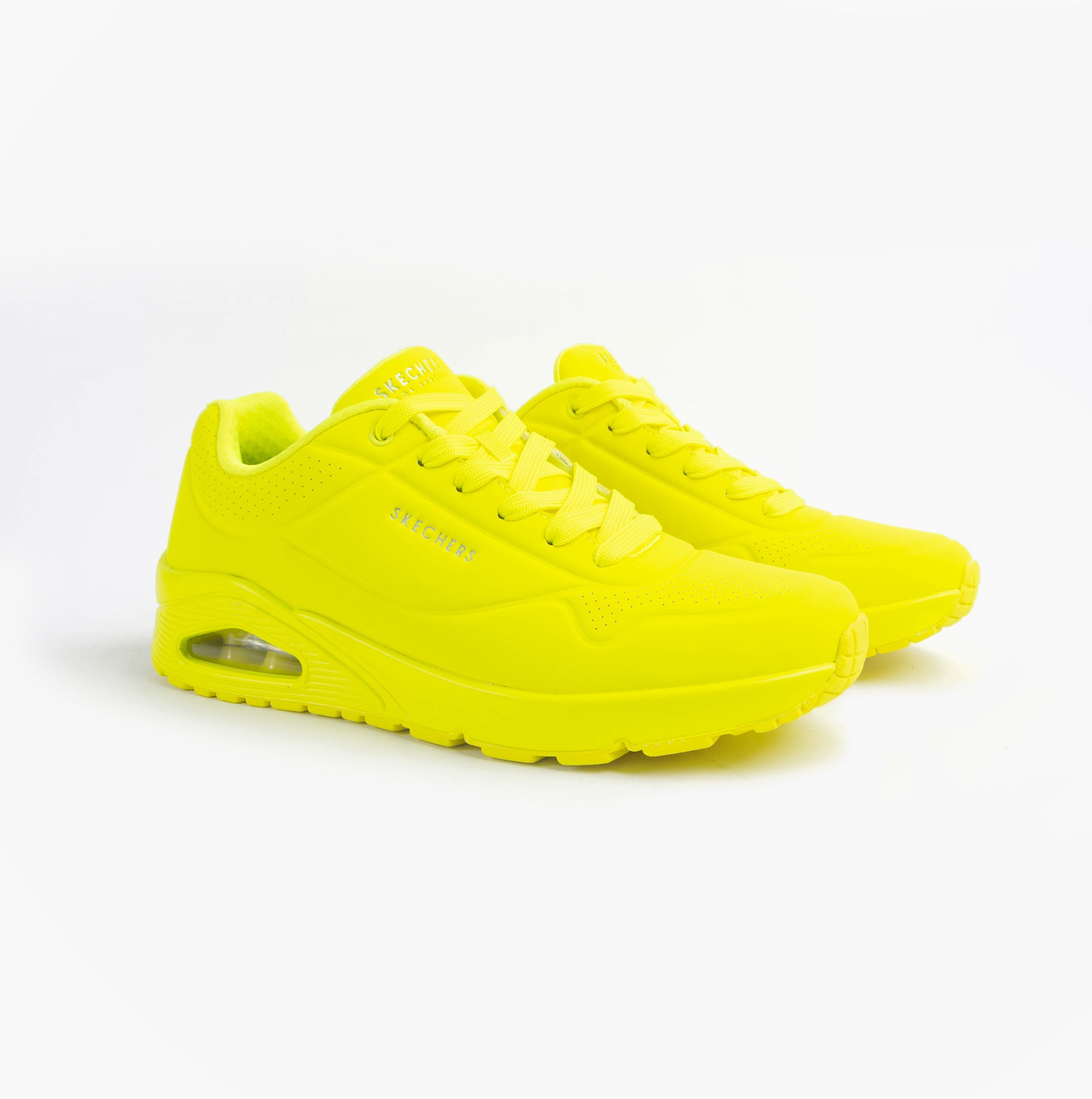 Skechers 52458/LIME UNO - STAND ON AIR Mens Trainers Lime, front view showing bright lime color and lace-up design.
