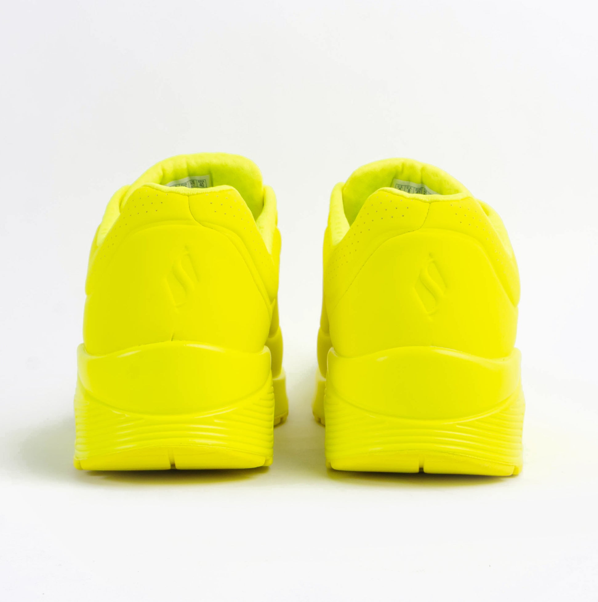 Skechers 52458/LIME UNO - STAND ON AIR Mens Trainers Lime rear view features a bright yellow synthetic leather design.