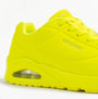 Skechers 52458/LIME UNO - STAND ON AIR Mens Trainers Lime side view showcasing bright lime synthetic leather upper.