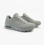 Skechers 52458/LTGY UNO - STAND ON AIR Mens Trainers Light Grey side view showcasing the synthetic leather upper and lace-up design.