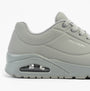 Skechers 52458/LTGY UNO - STAND ON AIR Mens Trainers Light Grey side view showcasing air-cooling feature and synthetic leather upper.