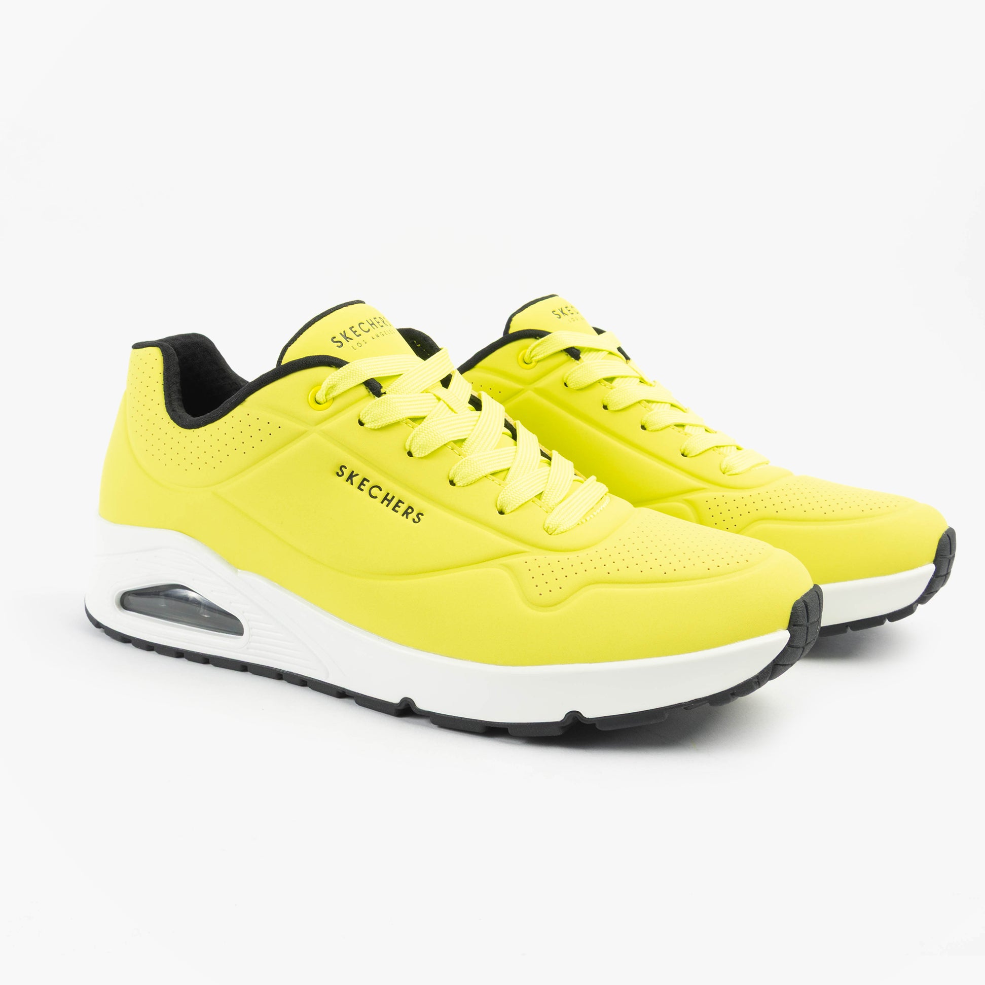 Skechers 52458/NYLM UNO - STAND ON AIR Mens Trainers Multicoloured side view showcasing bright yellow synthetic leather.