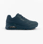Skechers 73690/BLU UNO - STAND ON AIR Womens Trainers Blue side view with lace-up closure and wedge heel.