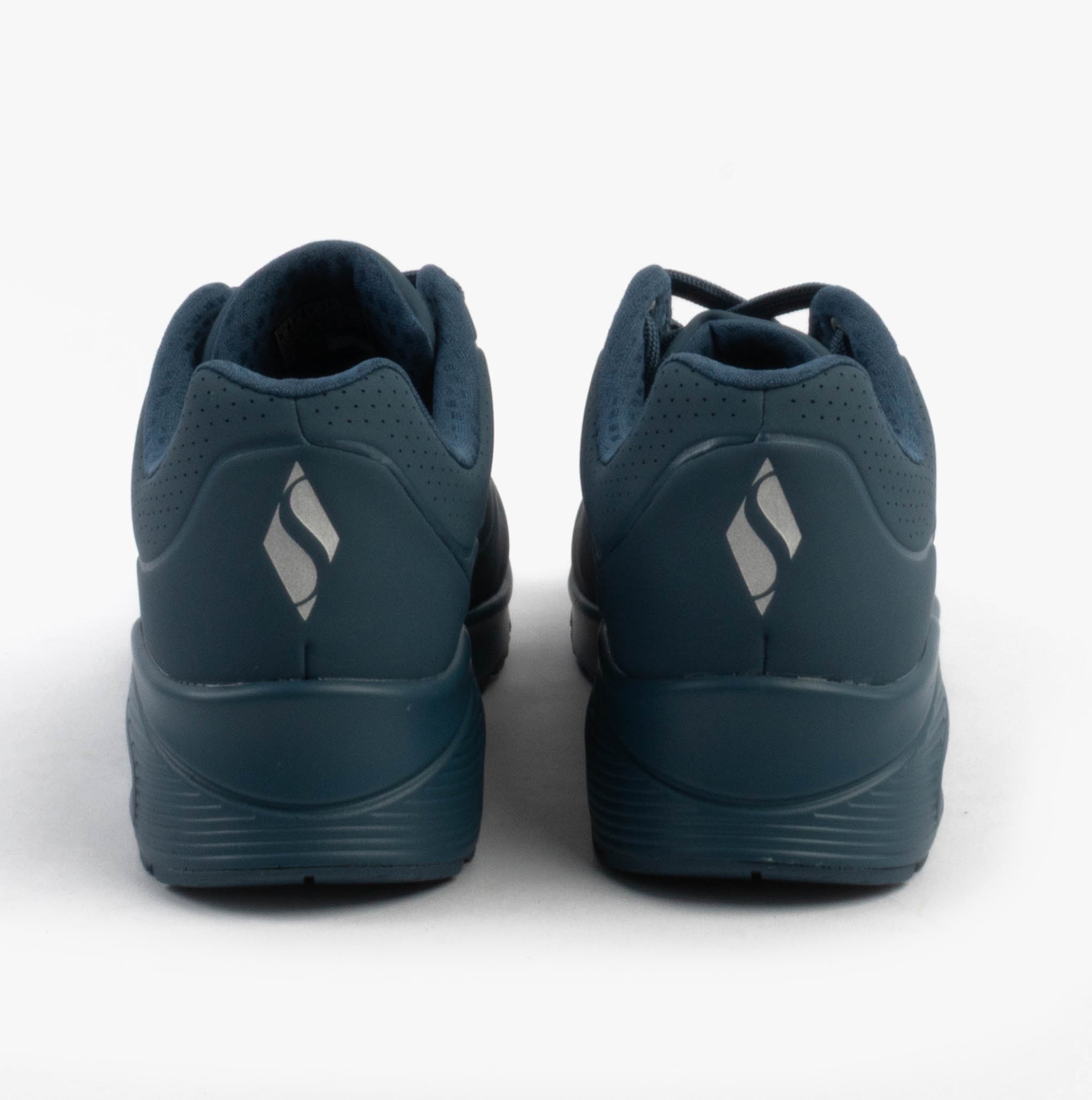 Skechers 73690/BLU UNO - STAND ON AIR Womens Trainers Blue back view showcasing stylish synthetic material and comfort features.