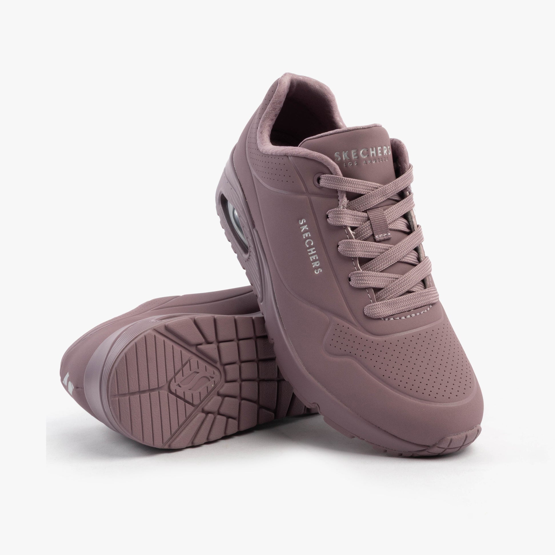 Skechers 73690/DKMV UNO - STAND ON AIR Womens Trainers Dark Mauve side view with lace-up closure and rubber sole.