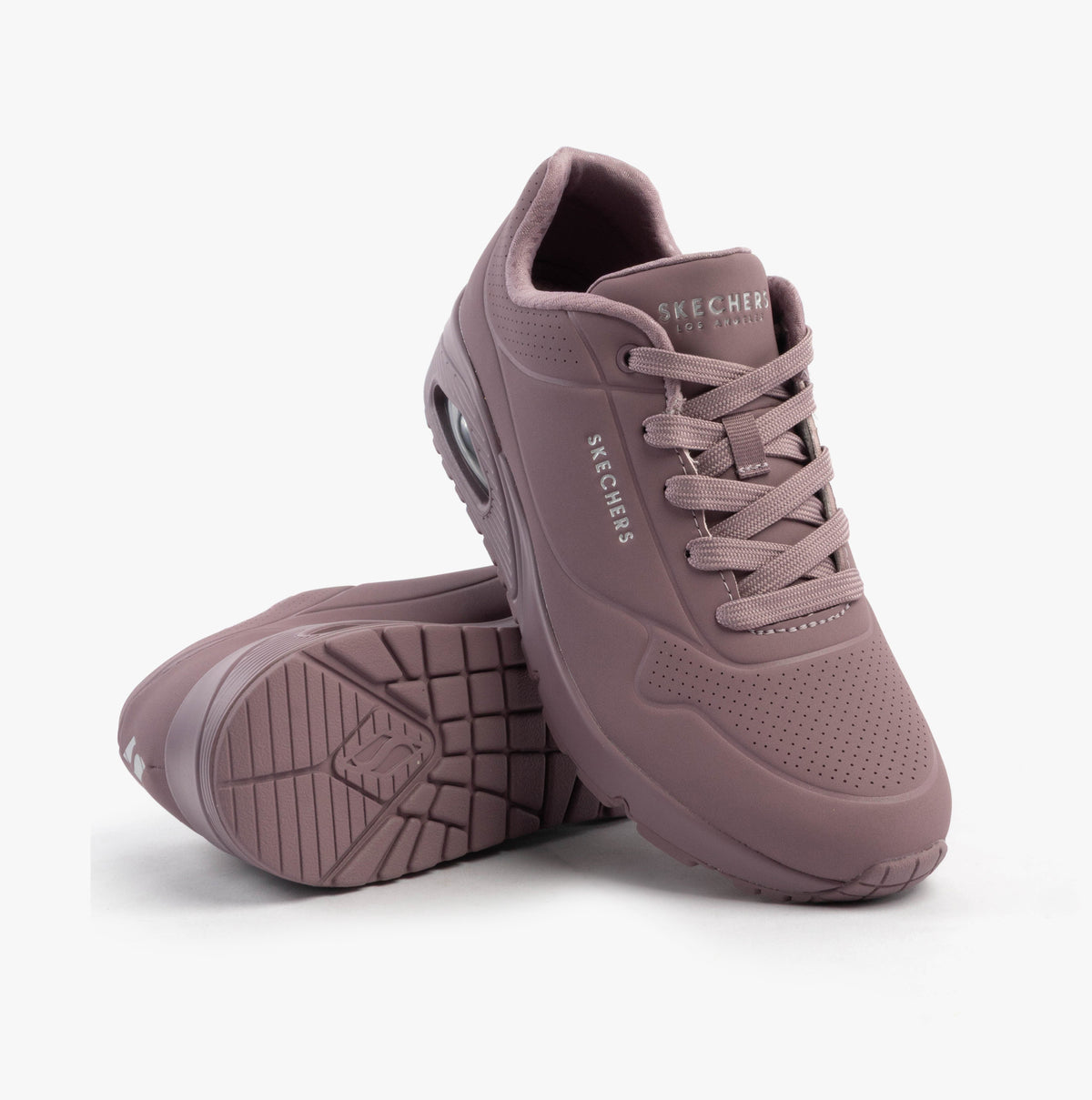 Skechers 73690/DKMV UNO - STAND ON AIR Womens Trainers Dark Mauve side view with lace-up closure and rubber sole.