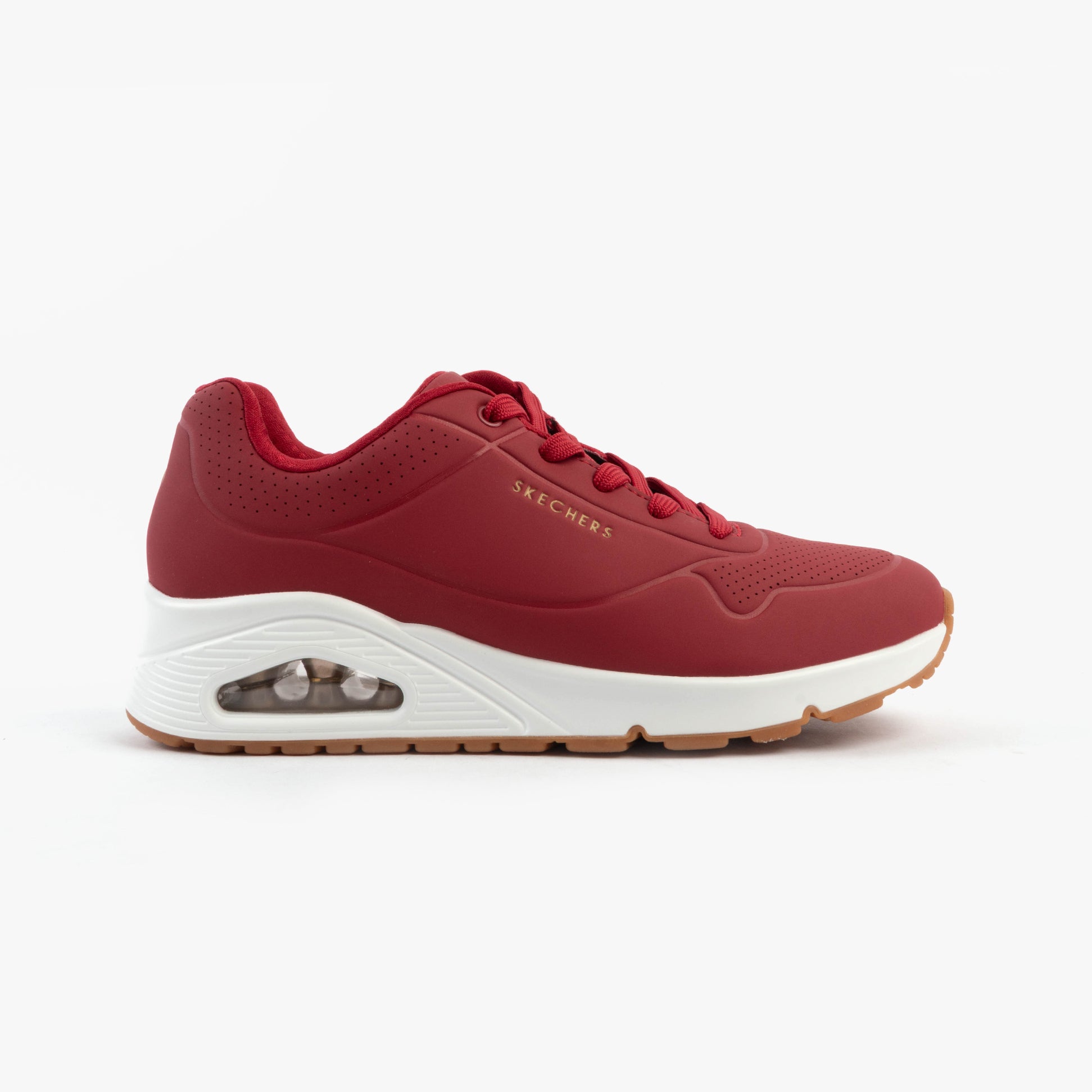 Skechers 73690/DKRD UNO - STAND ON AIR Womens Trainers Dark Red side view showing lace-up closure and wedge sole.