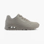 Skechers 73690/GRY UNO - STAND ON AIR Womens Trainers Grey/Light Blue side view showing comfort materials and wedge sole.
