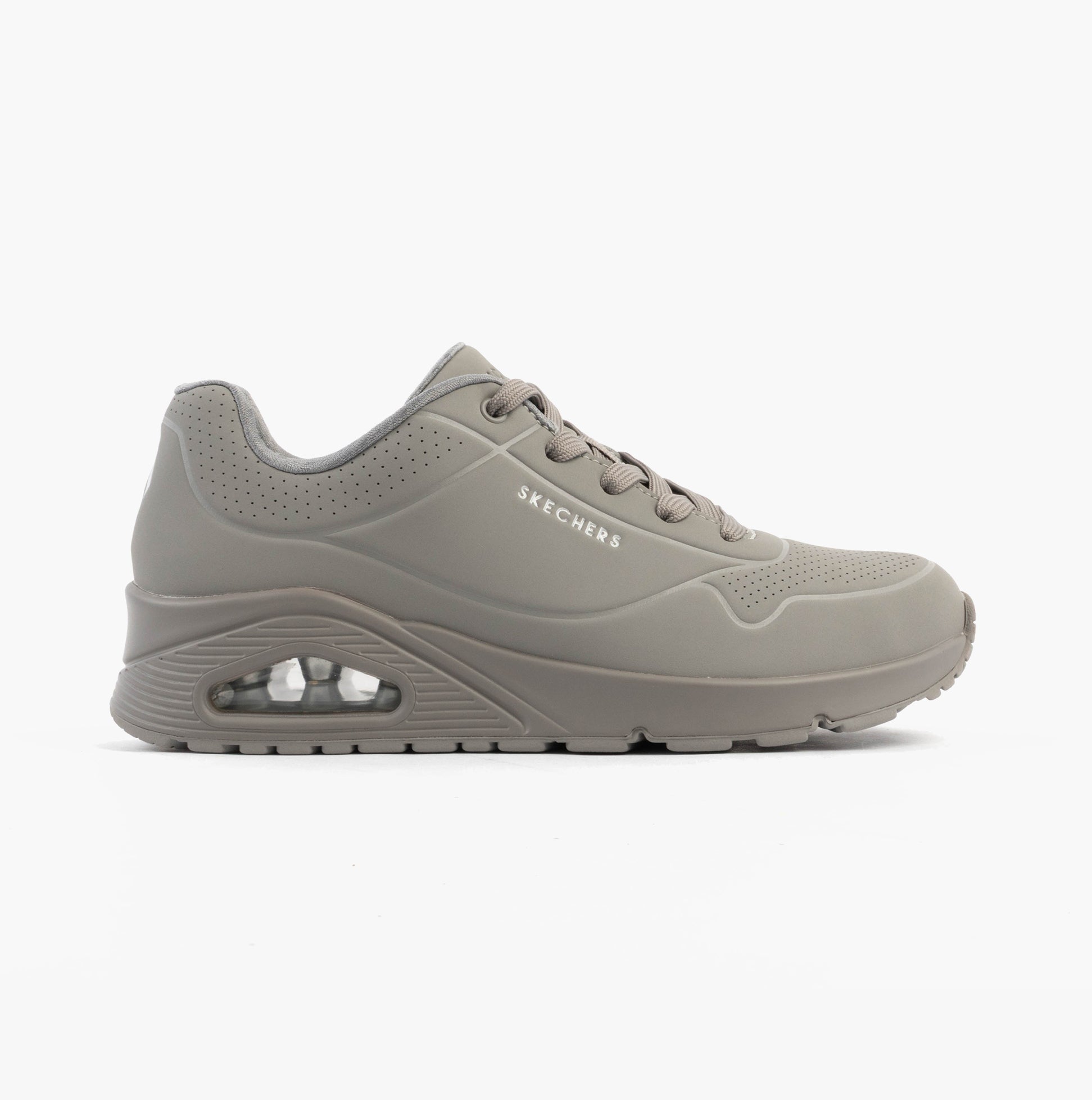 Skechers 73690/GRY UNO - STAND ON AIR Womens Trainers Grey/Light Blue side view showing comfort materials and wedge sole.