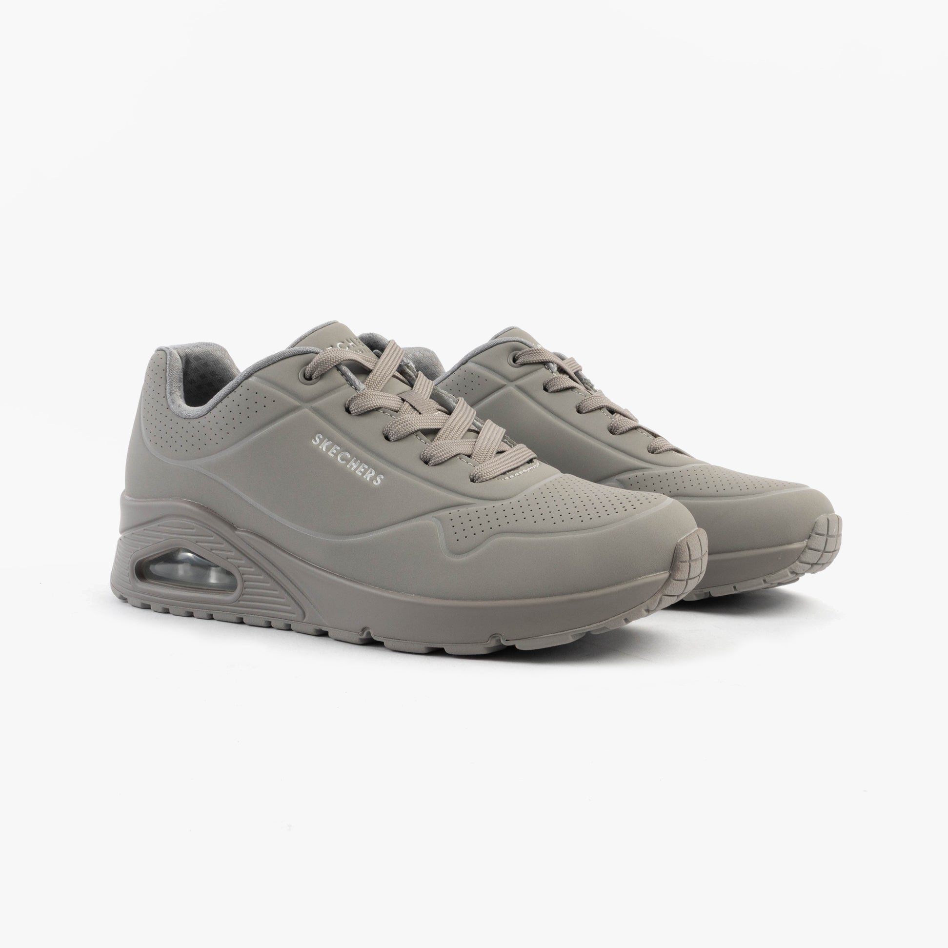 Skechers 73690/GRY UNO - STAND ON AIR Womens Trainers Grey/Light Blue side view showing lace-up design and wedge sole.