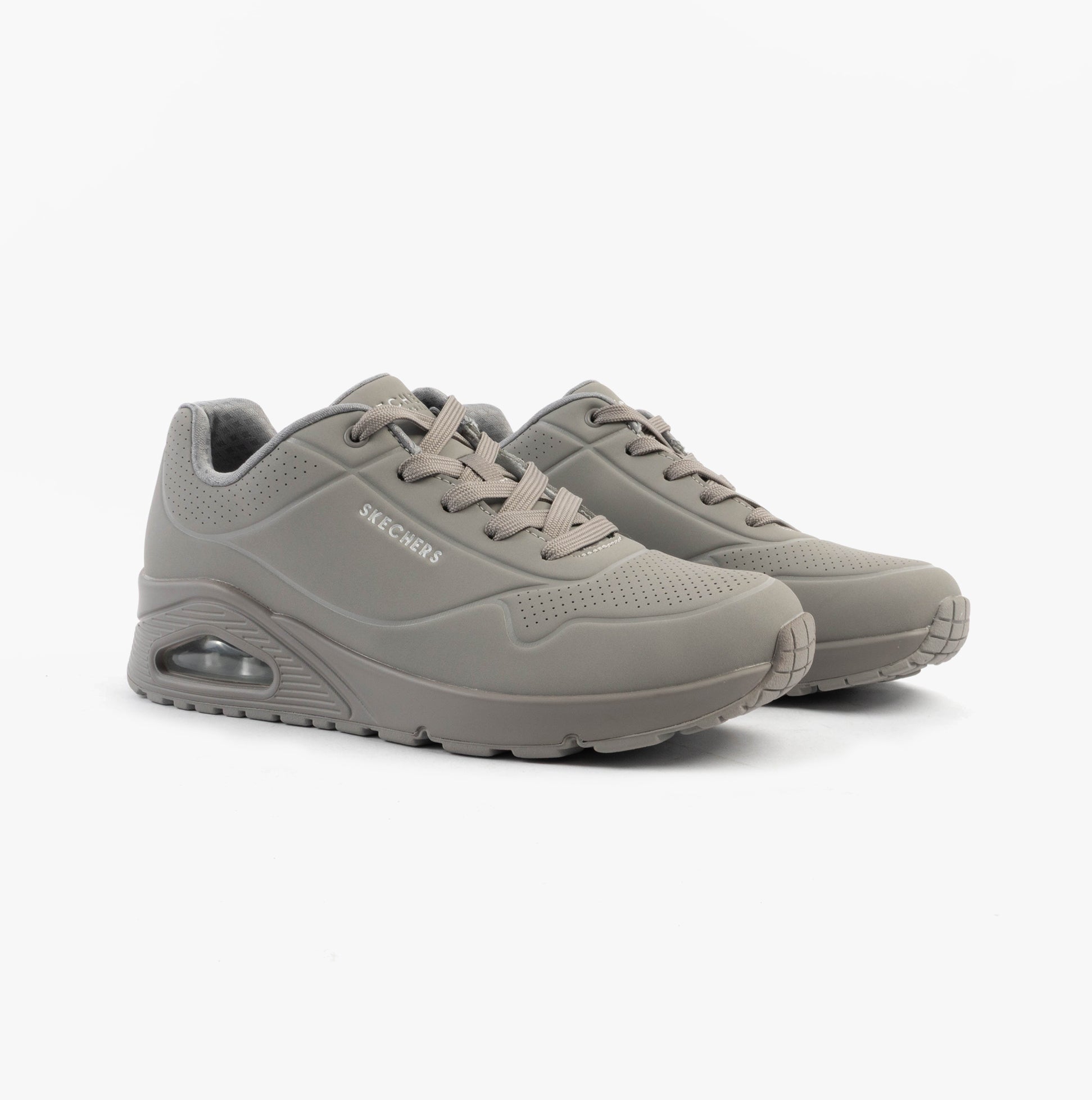 Skechers 73690/GRY UNO - STAND ON AIR Womens Trainers Grey/Light Blue side view showing lace-up design and wedge sole.