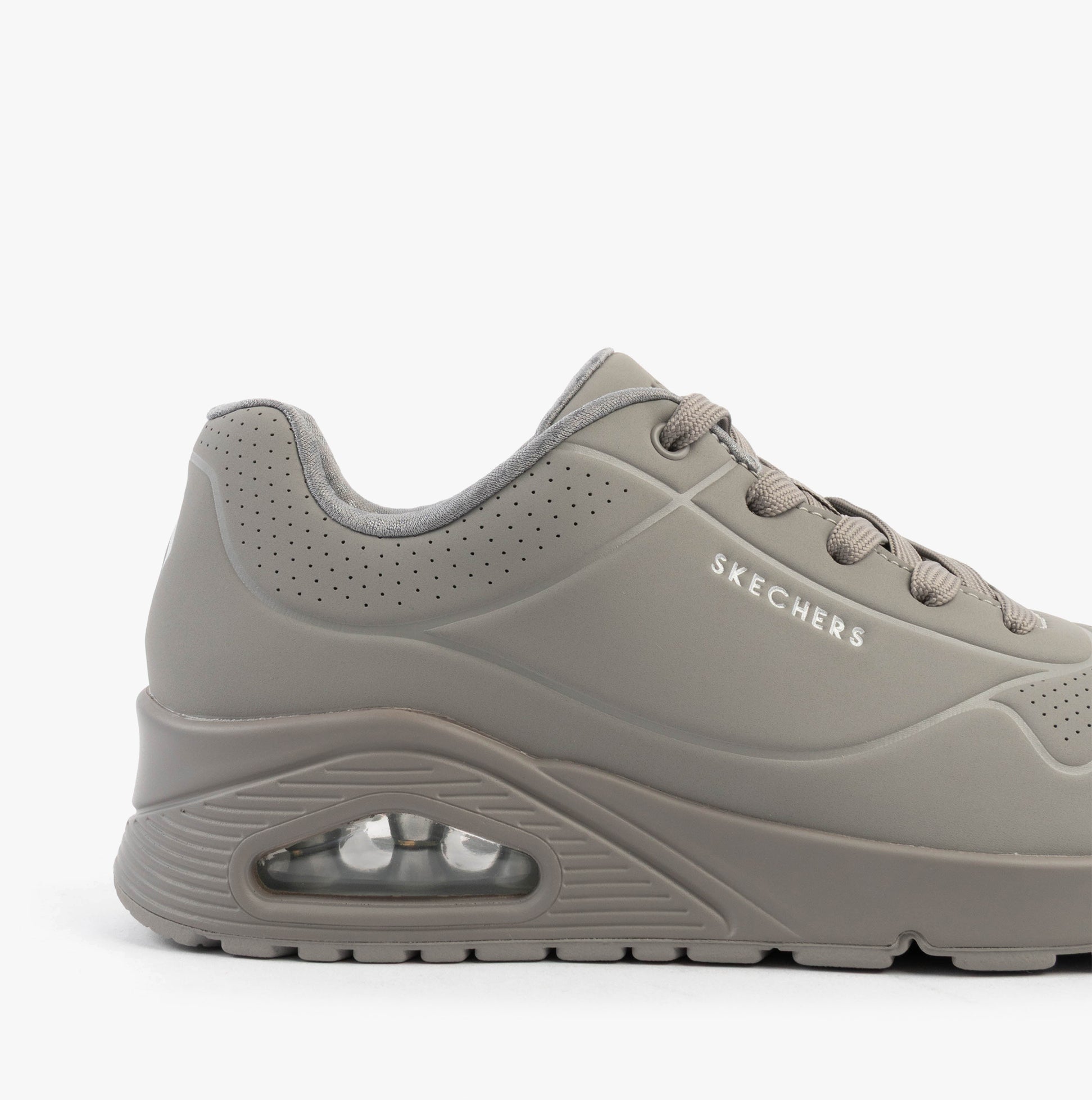 Skechers 73690/GRY UNO - STAND ON AIR Womens Trainers Grey/Light Blue side view showcasing air-cushioned sole.