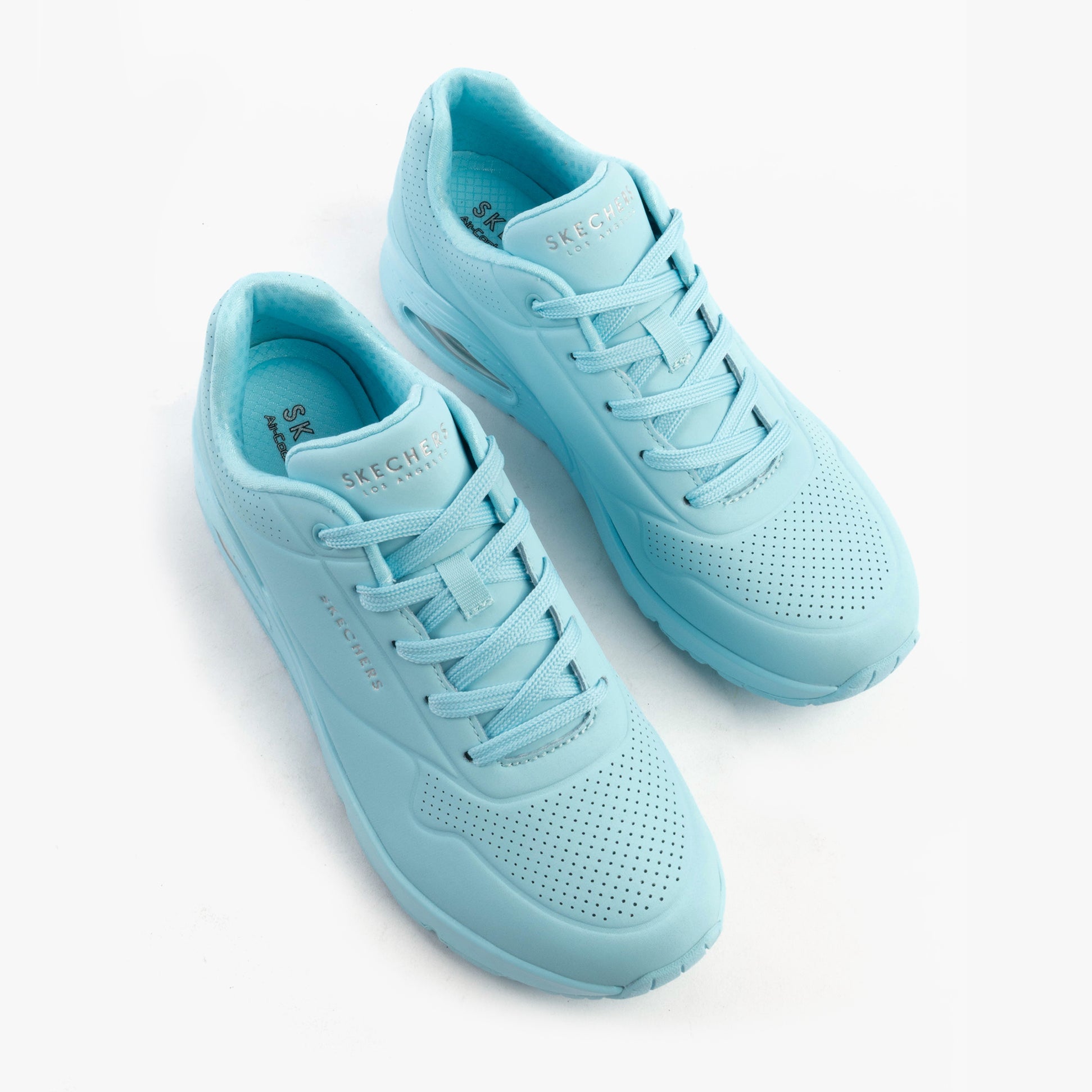 Skechers 73690/LTBL UNO - STAND ON AIR Womens Trainers Light Blue top view with lace-up fastening and breathable upper.