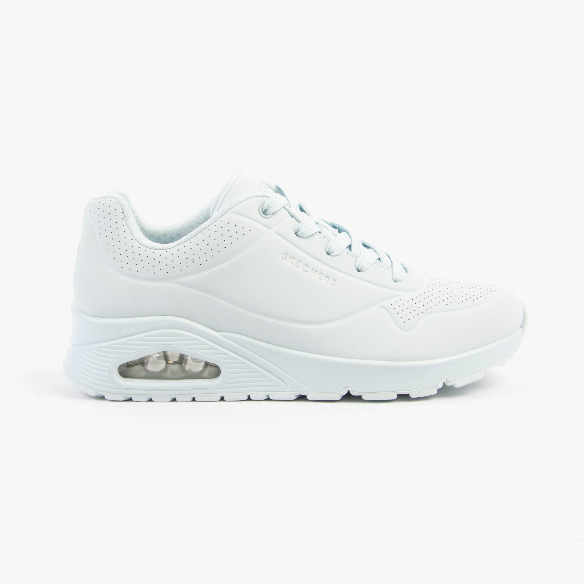 Skechers 73690/LTDN UNO - STAND ON AIR Womens Trainers Light Denim side view, featuring air-cooled memory foam and wedge heel.