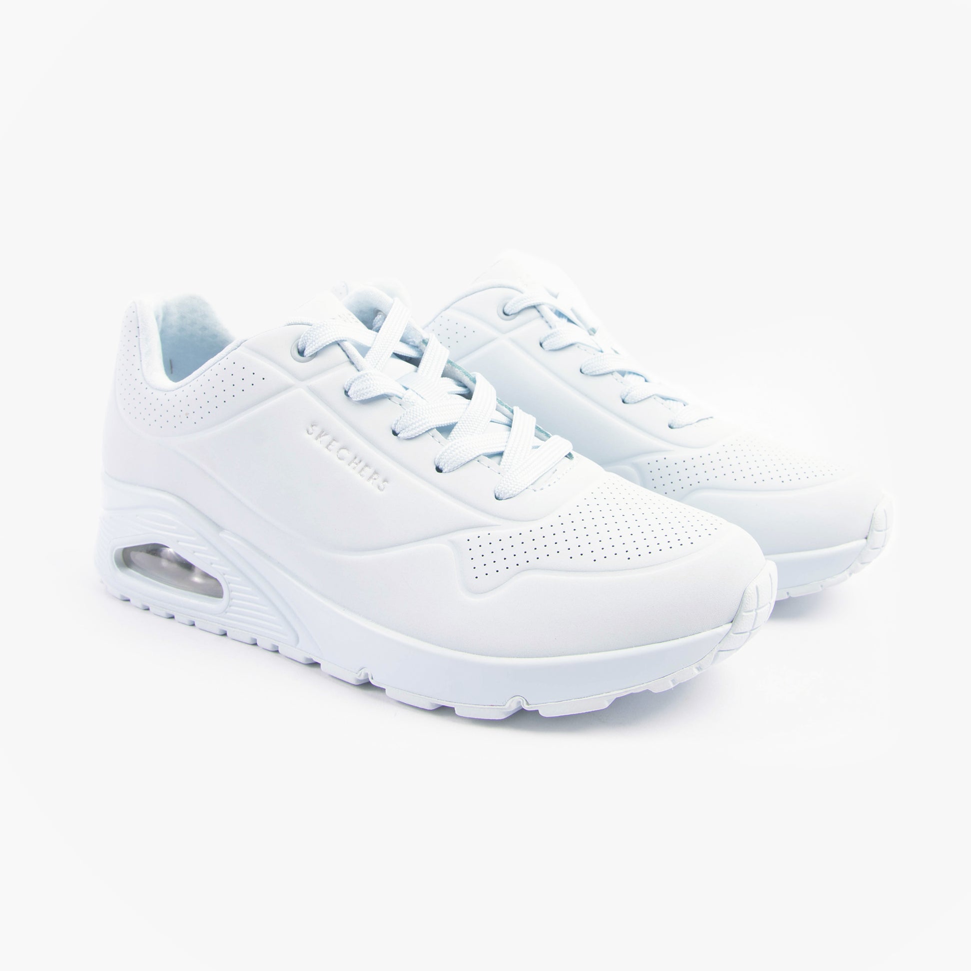 Skechers 73690/LTDN UNO - STAND ON AIR Womens Trainers Light Denim side view showcasing lace-up design and air-cooled memory foam.