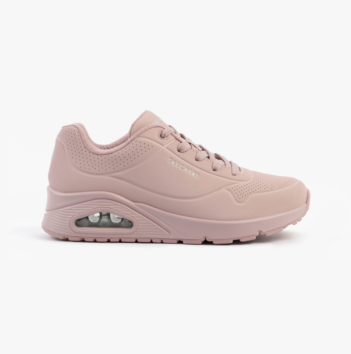 Skechers 73690/LTMV UNO - STAND ON AIR Womens Trainers Light Mauve side view featuring air-cooled memory foam.