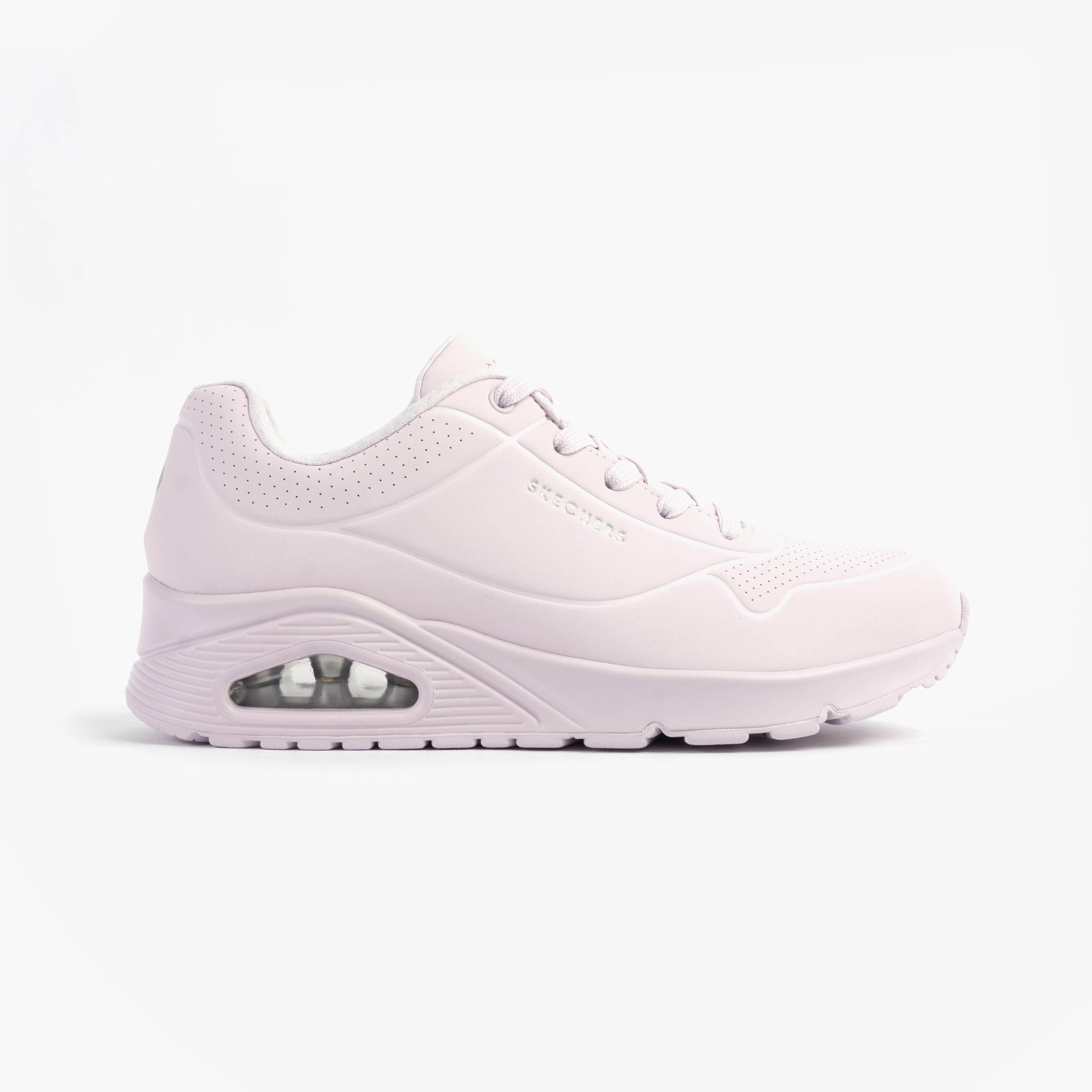 Skechers 73690/LVLP UNO - STAND ON AIR Womens Trainers Purple side view with air-cushioned sole.