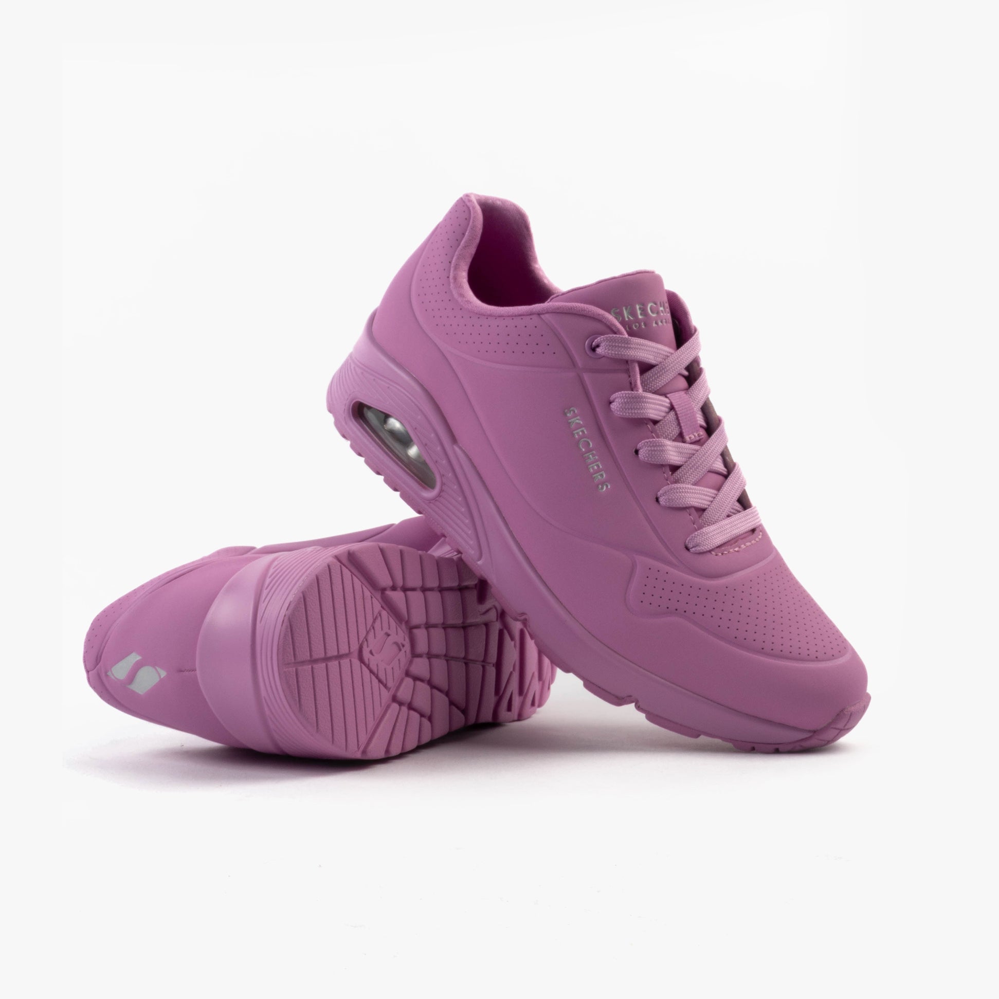 Skechers 73690/PNK UNO - STAND ON AIR Womens Trainers Pink side view showcasing the stylish design and cushioned sole.