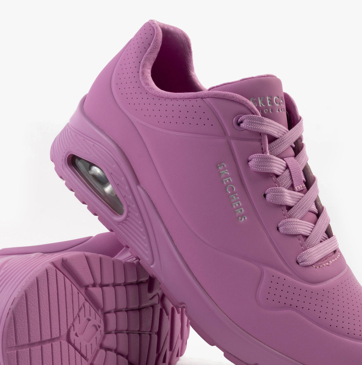 Skechers 73690/PNK UNO - STAND ON AIR Womens Trainers Pink side view highlighting comfort and design features.