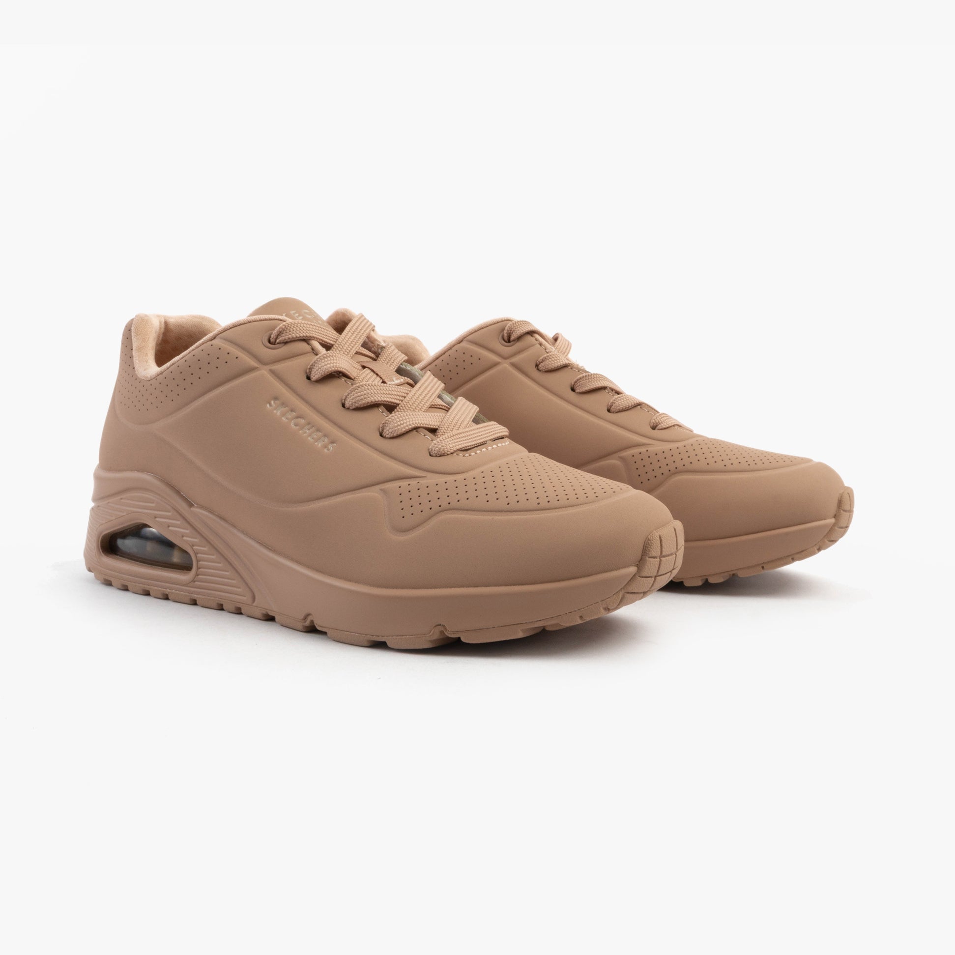 Skechers 73690/SND UNO - STAND ON AIR Womens Trainers Sand side view showcasing beige synthetic material and lace-up design.
