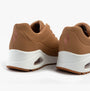 Skechers 73690/TAN UNO - STAND ON AIR Womens Trainers Tan rear view showing comfortable wedge sole and sleek design.