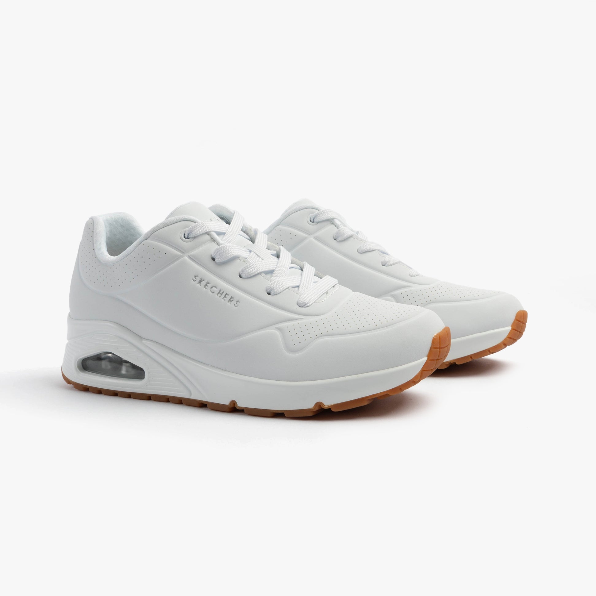 Skechers 73690/WHT UNO - STAND ON AIR Womens Trainers White side view showcasing casual style and synthetic upper.