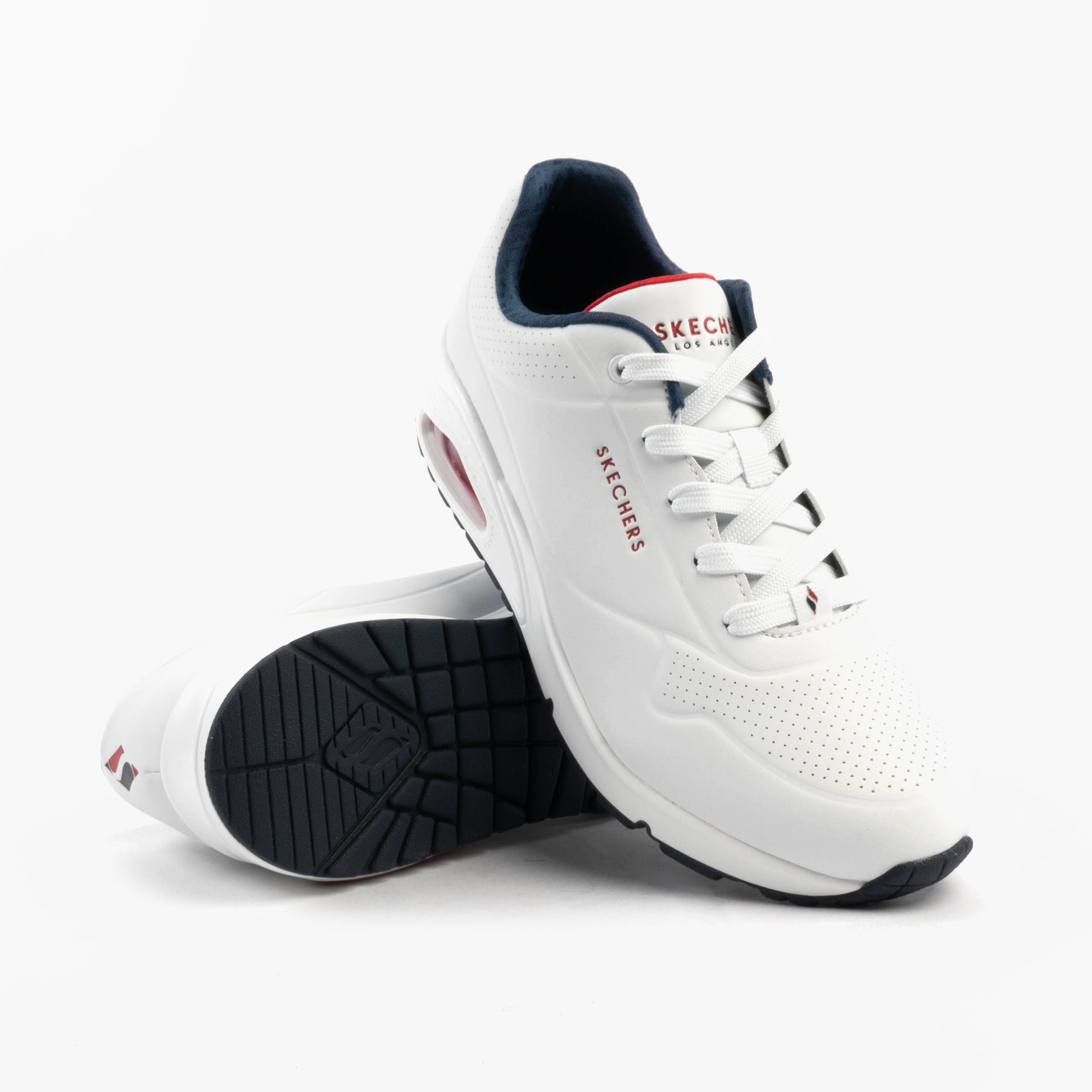 Skechers 73690/WNVR UNO - STAND ON AIR Womens Trainers White/Red side view, casual lace-up trainers with memory foam.