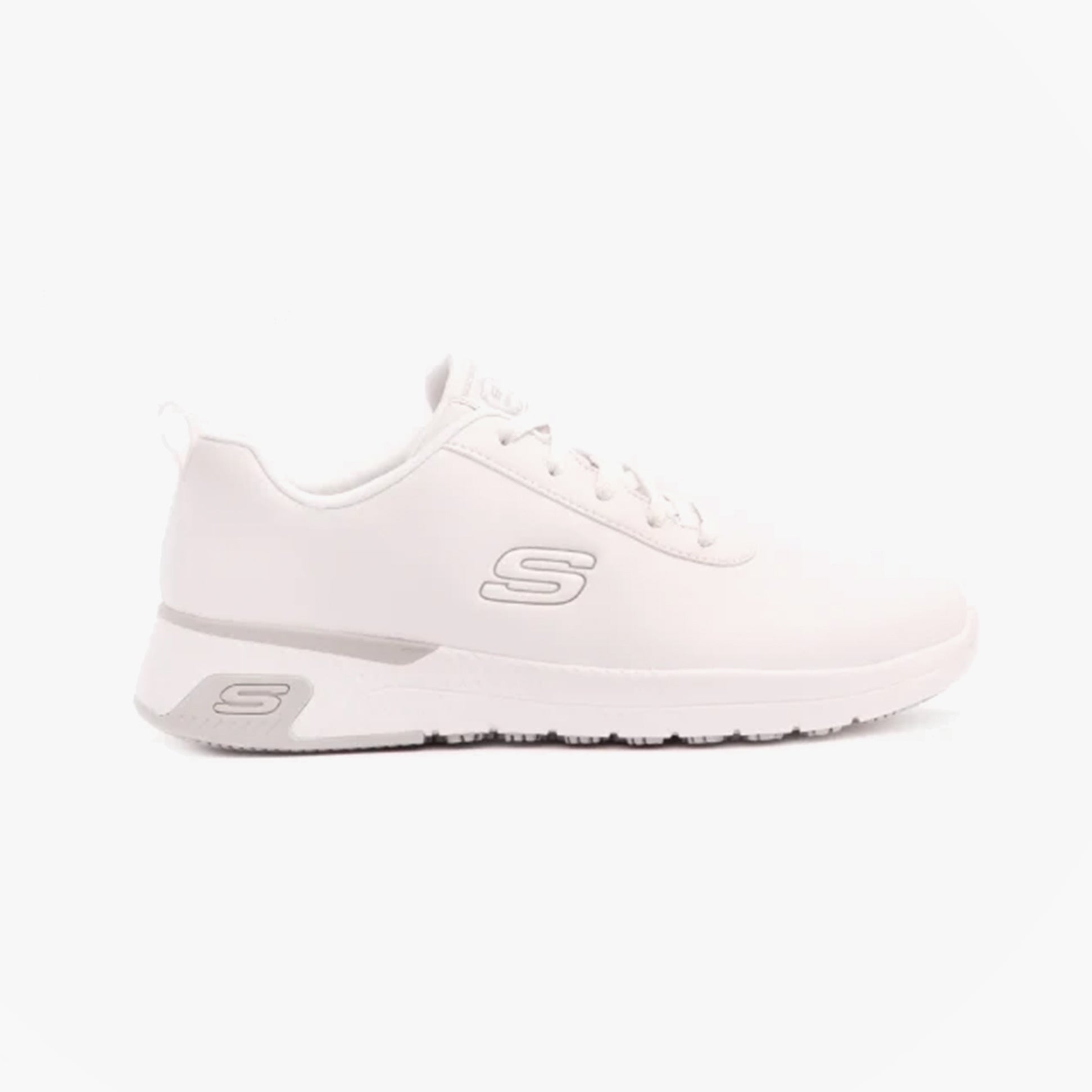 Skechers Work 108010EC MARSING - GMINA SR Womens Occupational Trainers White, side view, showing slip resistant rubber sole and lace-up closure.