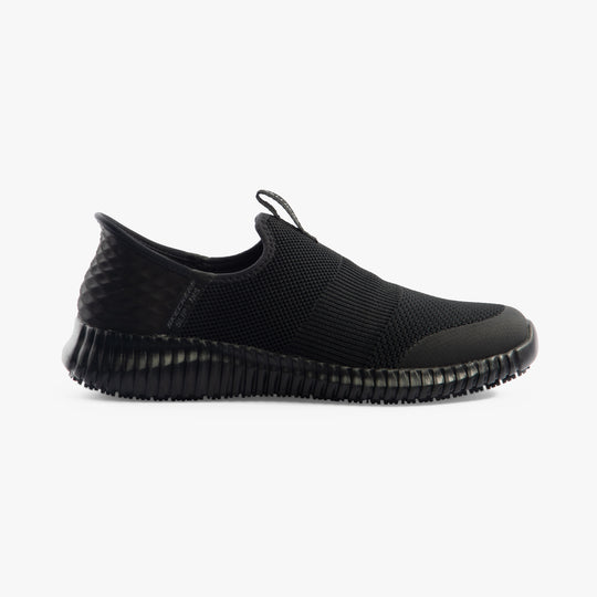 Side view of Skechers Work 108127EC CESSNOCK - GWYNEDD SR Womens Occupational Trainers Black with slip-resistant rubber sole.