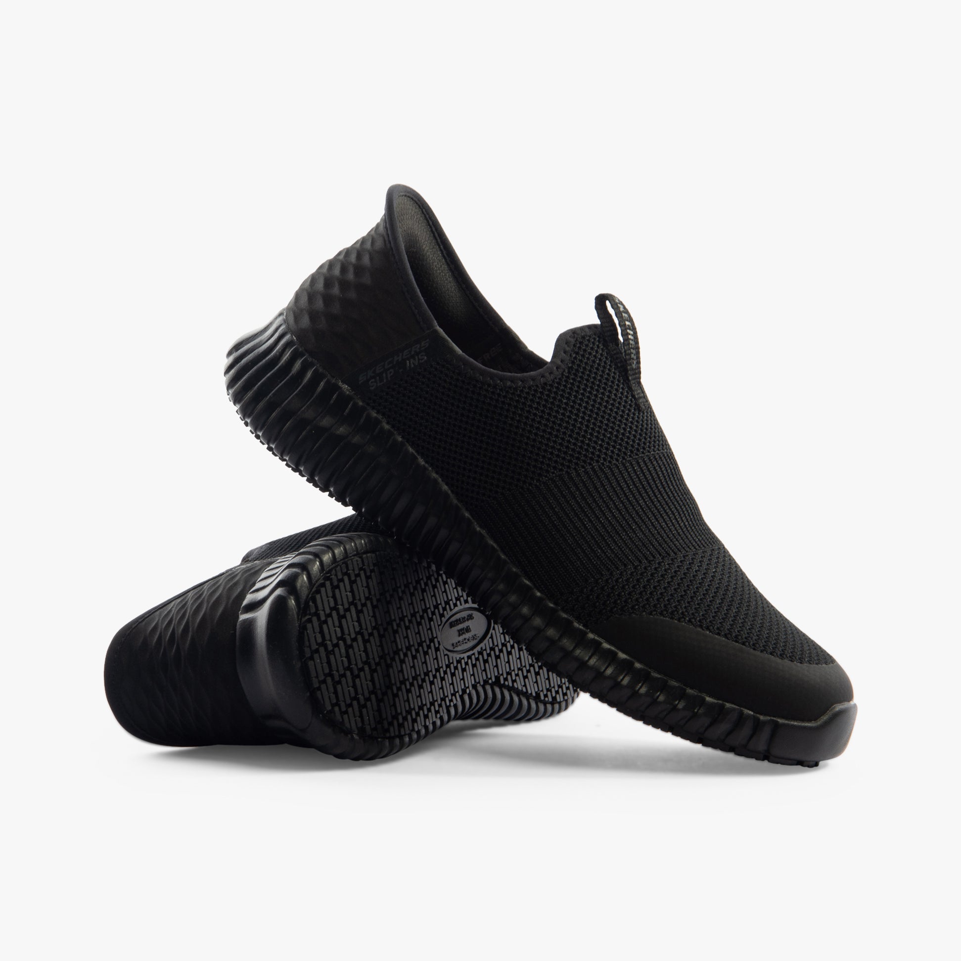 Skechers Work 108127EC CESSNOCK - GWYNEDD SR Womens Occupational Trainers Black side view with slip-on design and slip-resistant sole.