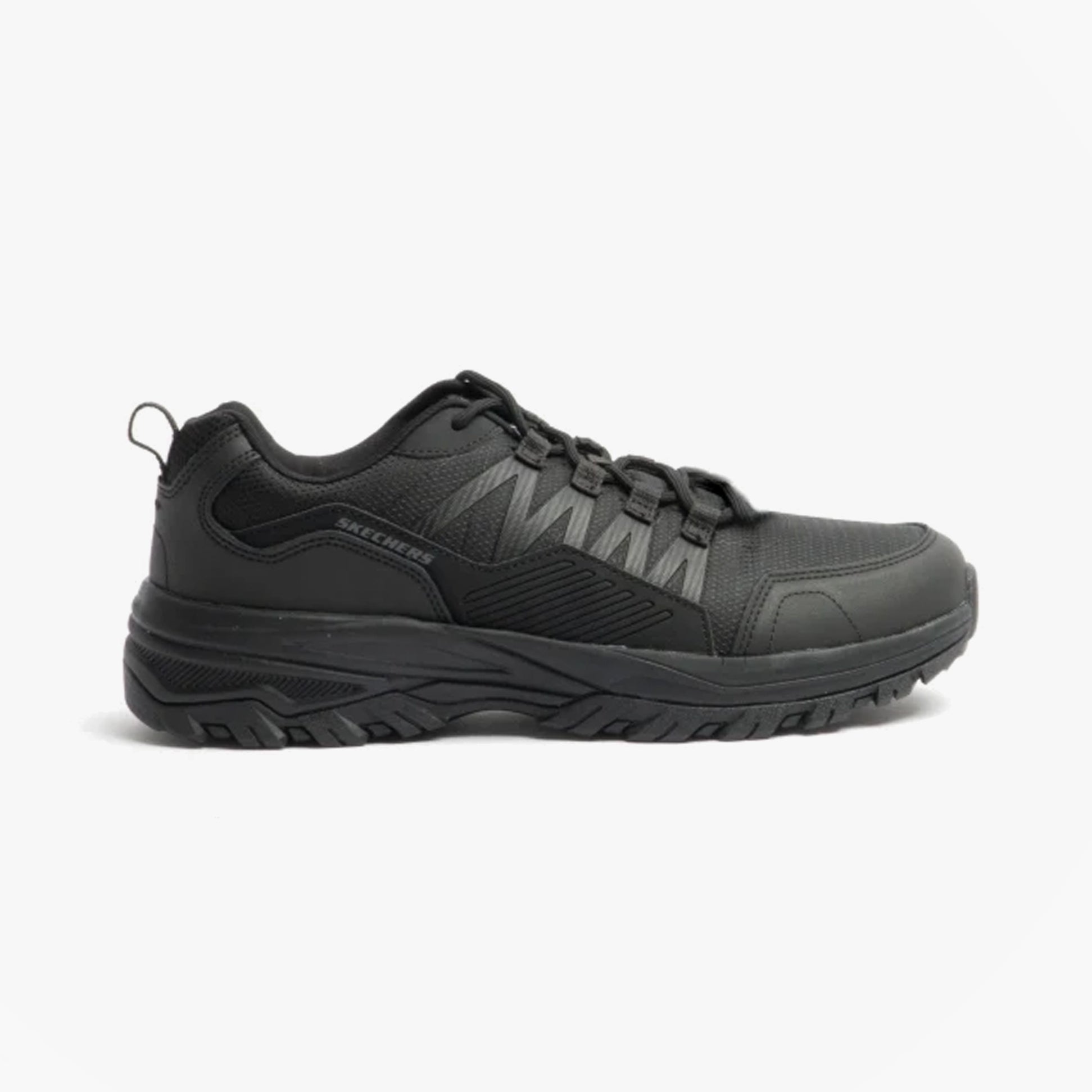 Skechers Work 200000EC FANNTER SR Mens Occupational Trainers Black side view, leather/synthetic upper, rubber sole, lace-up, memory foam