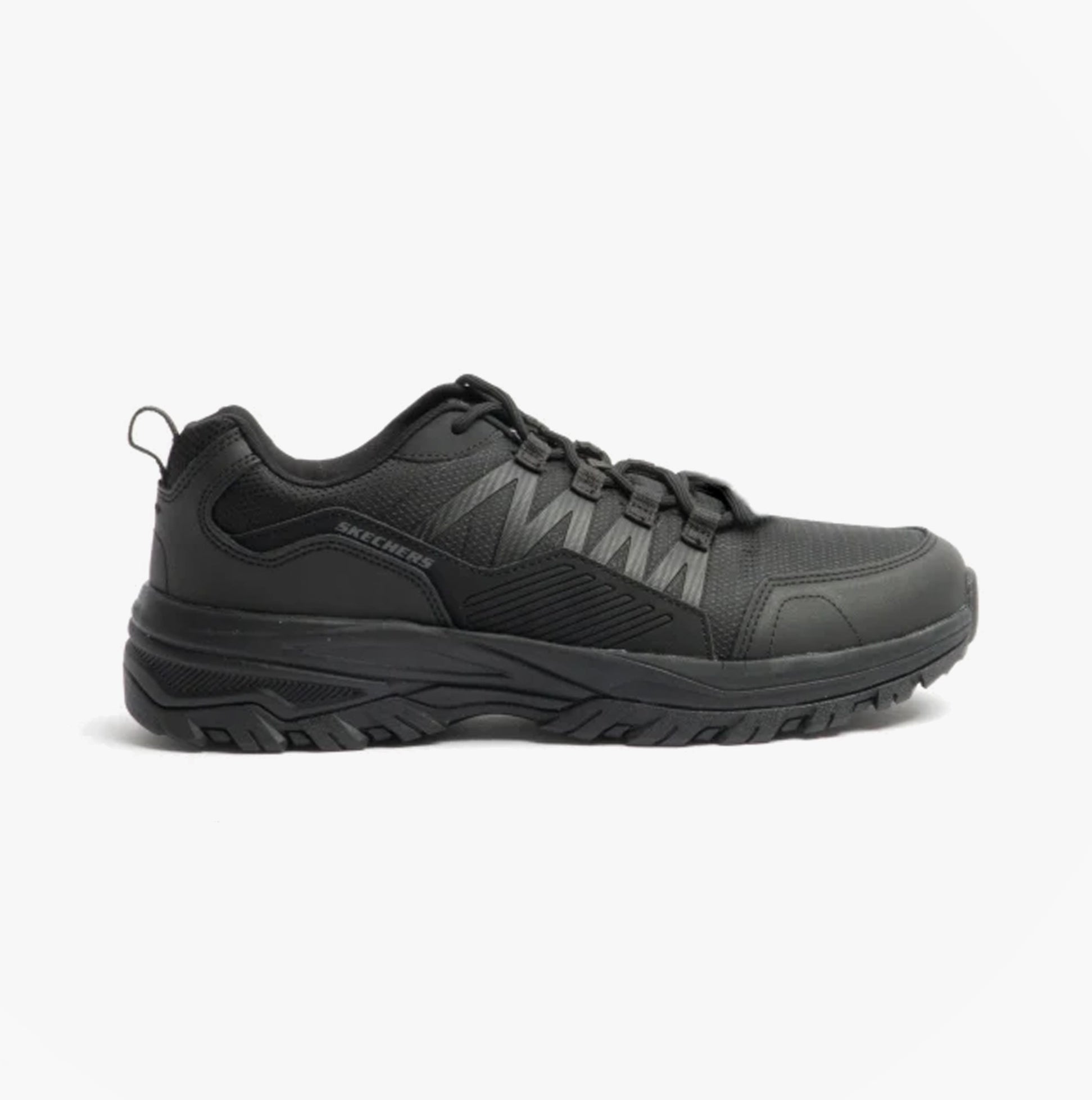 Skechers Work 200000EC FANNTER SR Mens Occupational Trainers Black side view, leather/synthetic upper, rubber sole, lace-up, memory foam