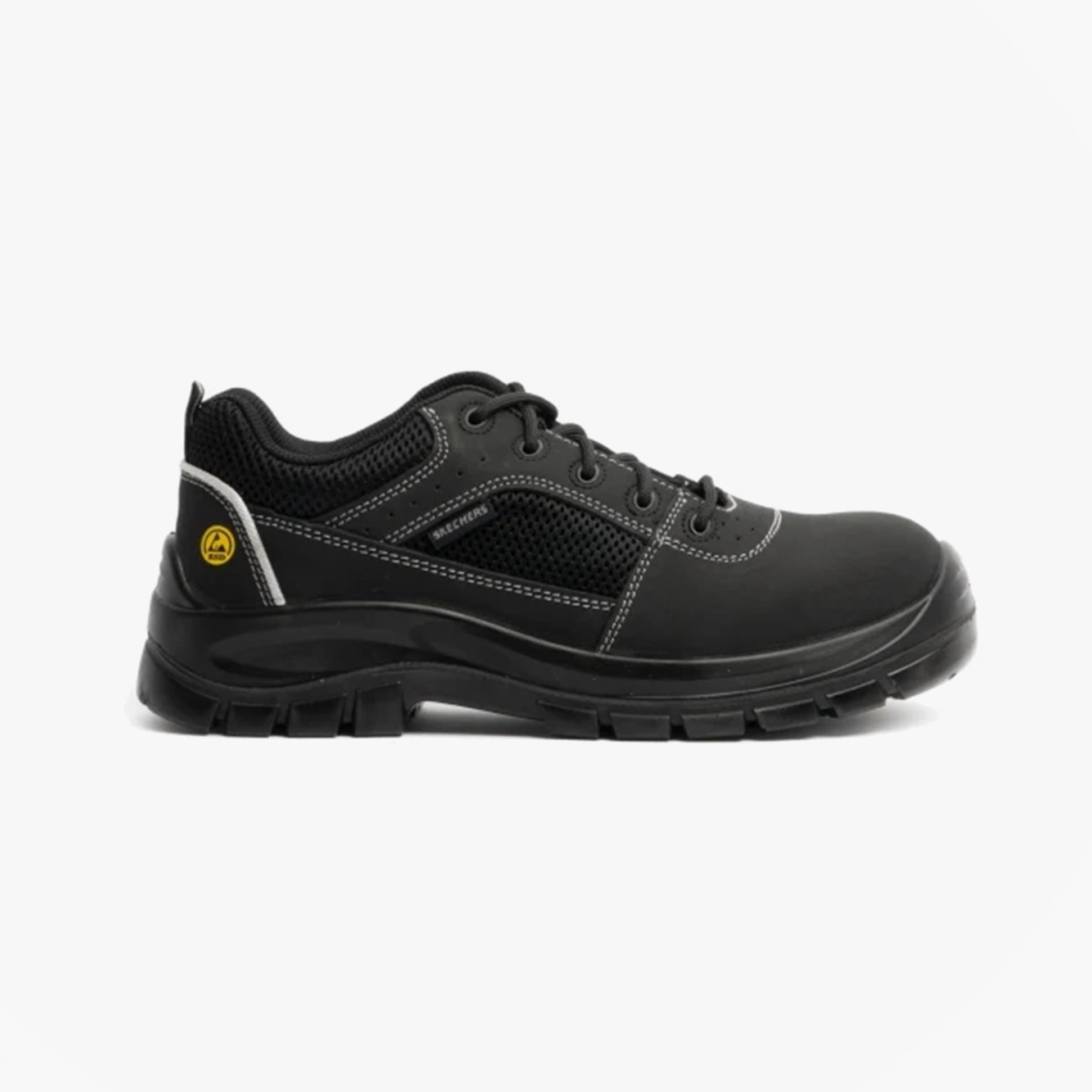 Skechers Work 200001EC TROPHUS Mens Safety Trainers Black, side view, black nubuck and fabric upper with synthetic sole, memory foam