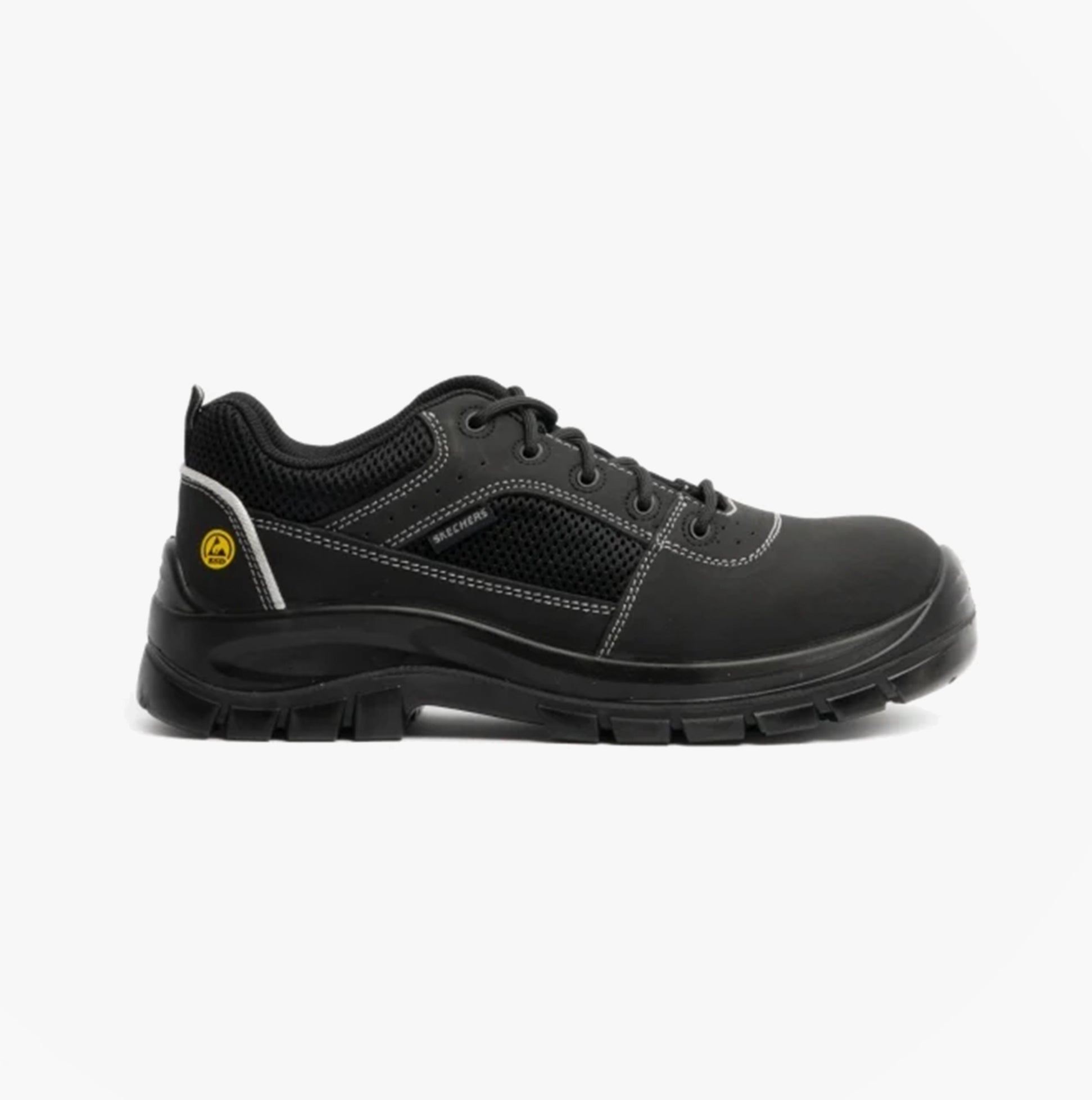 Skechers Work 200001EC TROPHUS Mens Safety Trainers Black, side view, black nubuck and fabric upper with synthetic sole, memory foam