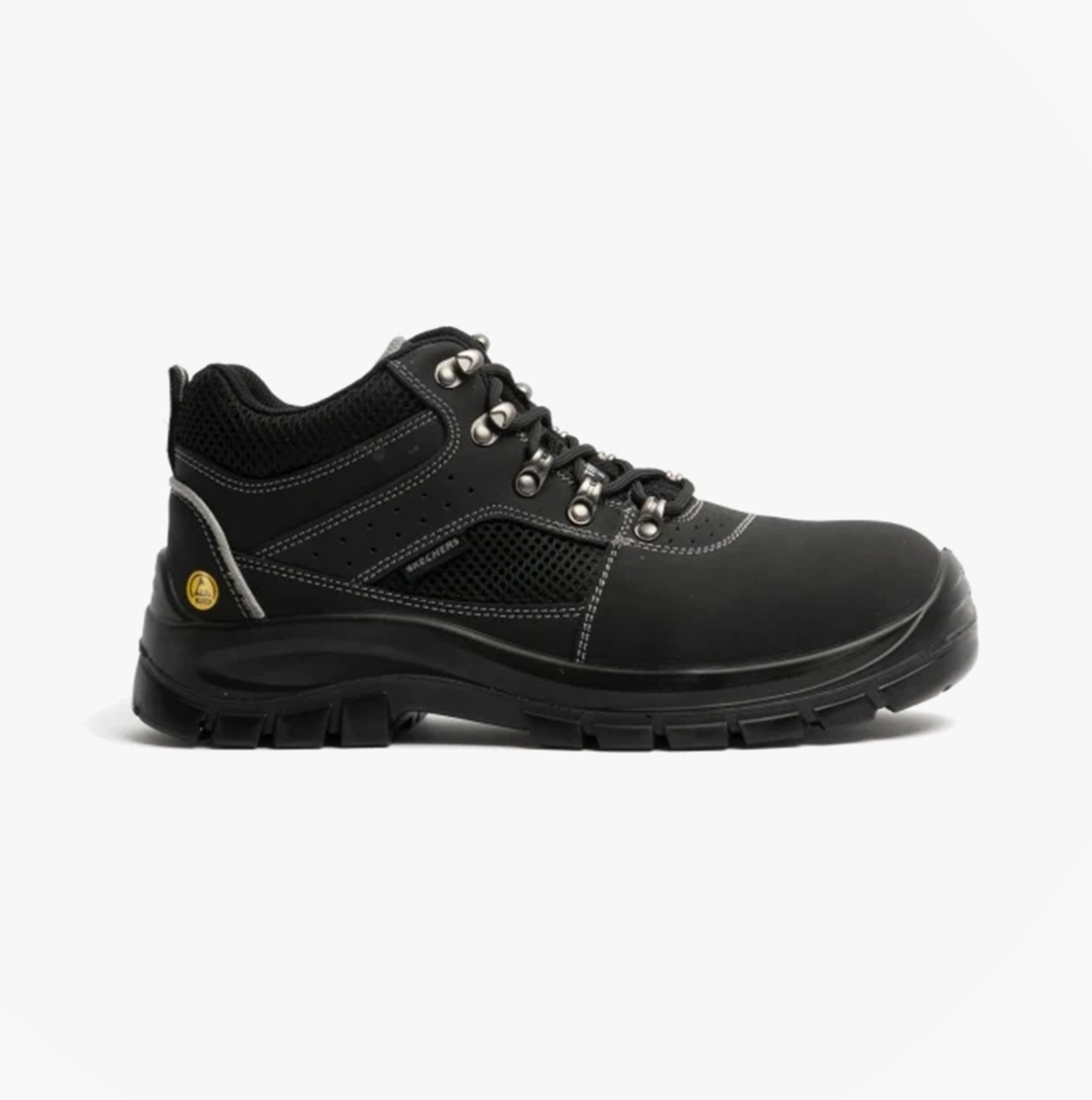 Side view of Skechers Work 200002EC TROPHUS - LETIC Mens Safety Boots Black with lace-up closure and steel toe features.