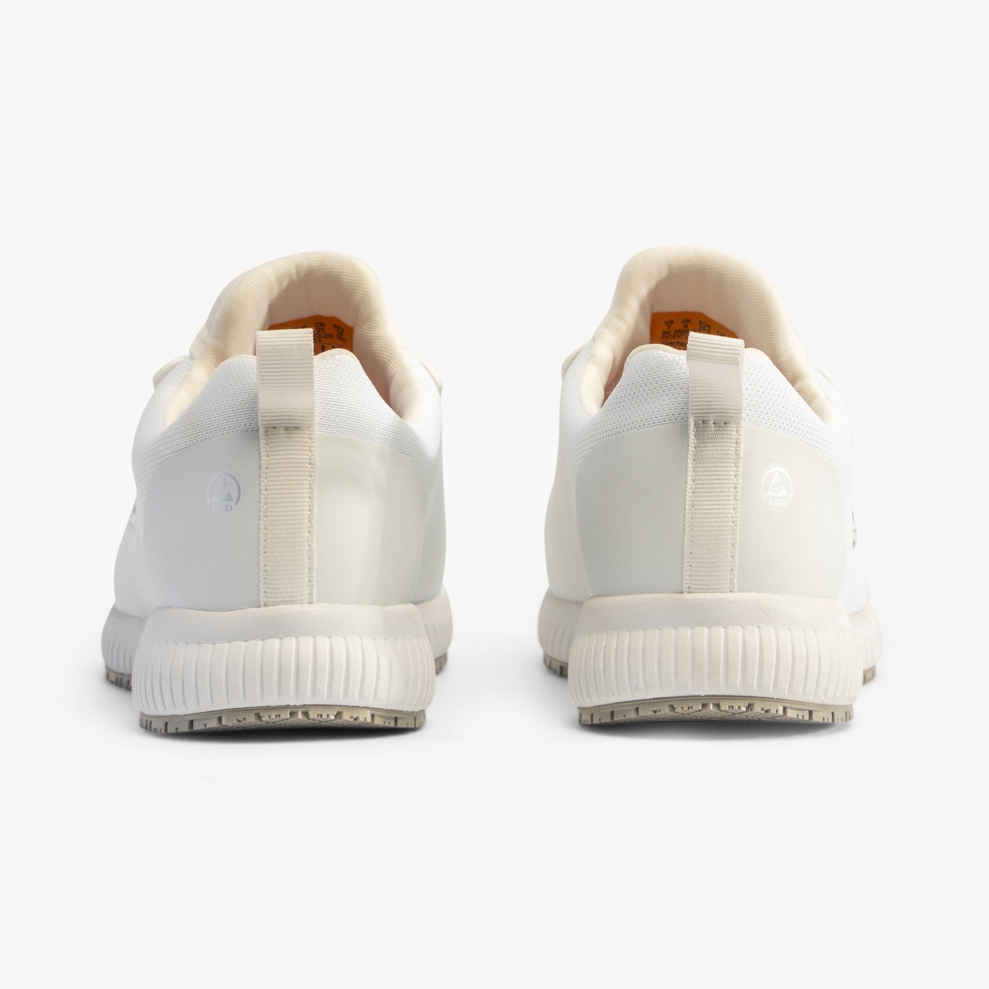 Rear view of Skechers Work 200051EC SQUAD - MYTON SR Mens Occupational Trainers White showing heel design and sole detail.